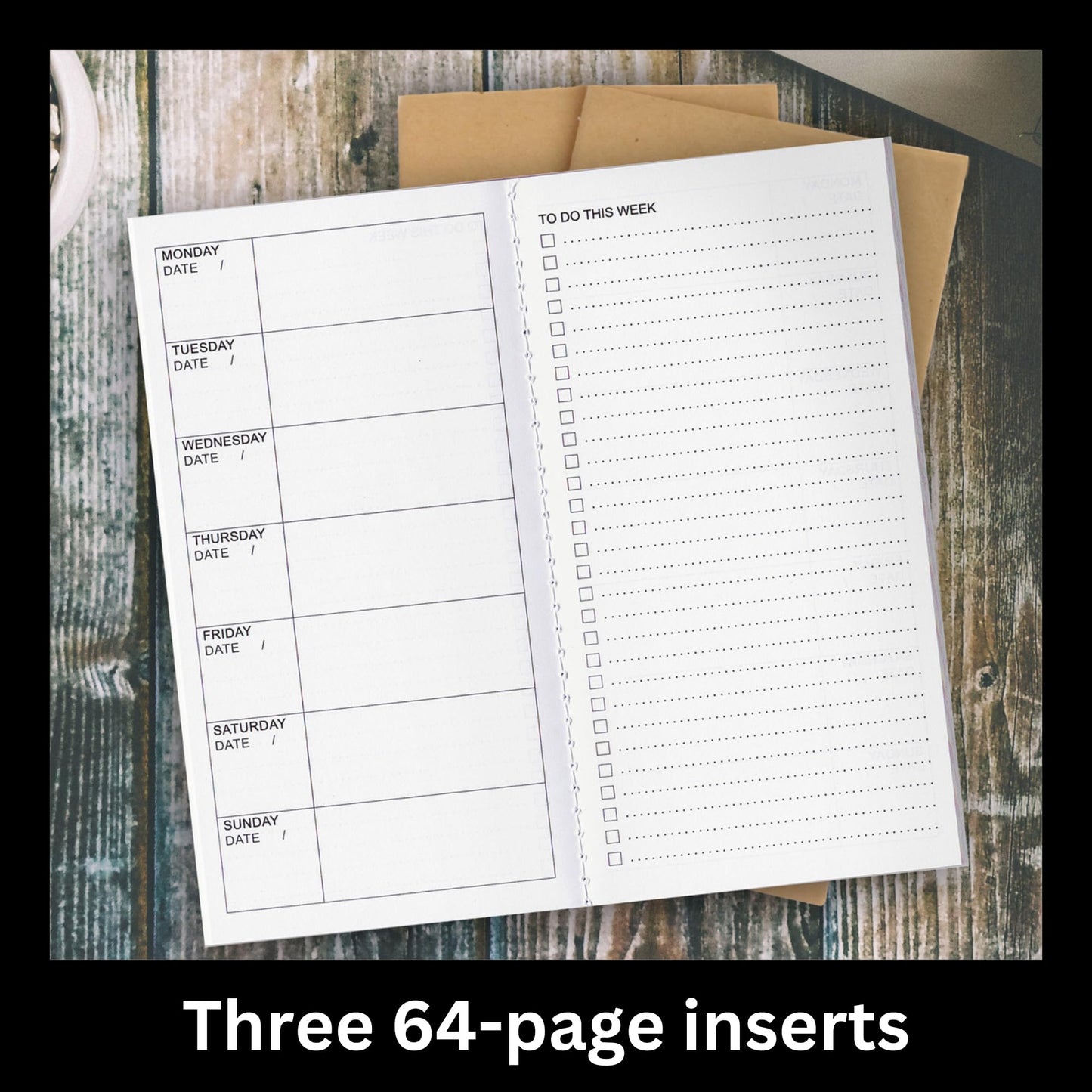 RICCO BELLO Travelers Notebook Refill Inserts, Weekly To Do Undated Calendar, Kraft Cover, 4.25 x 8.25 inches (Set of 3)