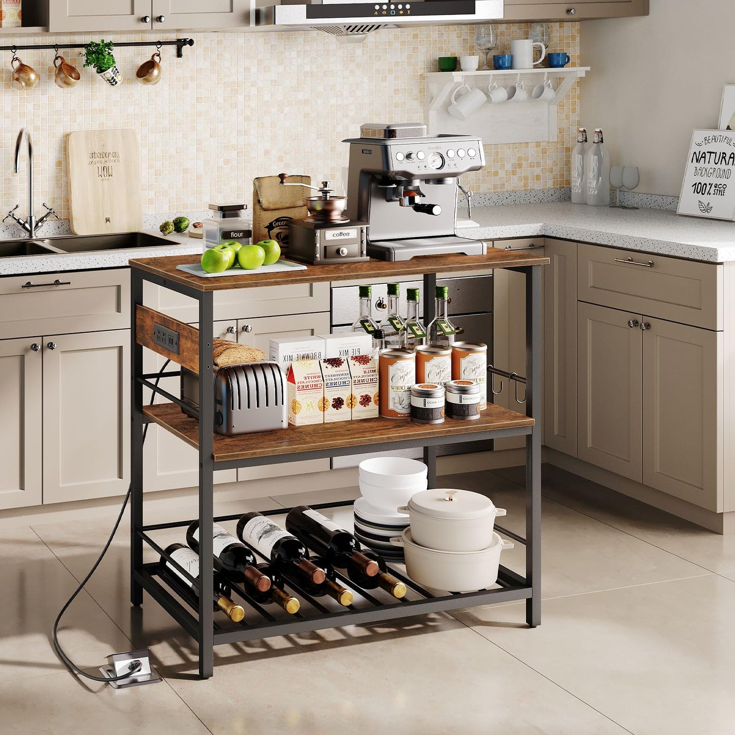 HOOBRO Kitchen Island with Storage, Kitchen Island Table with Power Outlet, 47.2" L 3 Tier Kitchen Counter and Microwave Stand, for Home, Kitchen and Dining Room, Rustic Brown and Black BF120UZD01