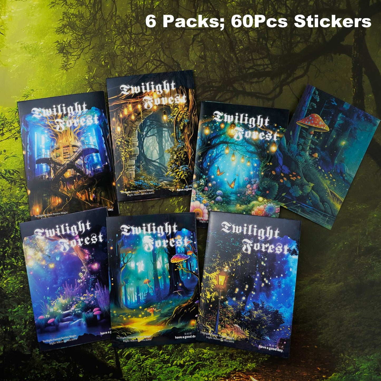 Miyouluna 60PCS Twilight Forest Washi Stickers, Mystical Woodland Scenes for Journals, Scrapbooking, DIY Crafts and Gift Wrapping