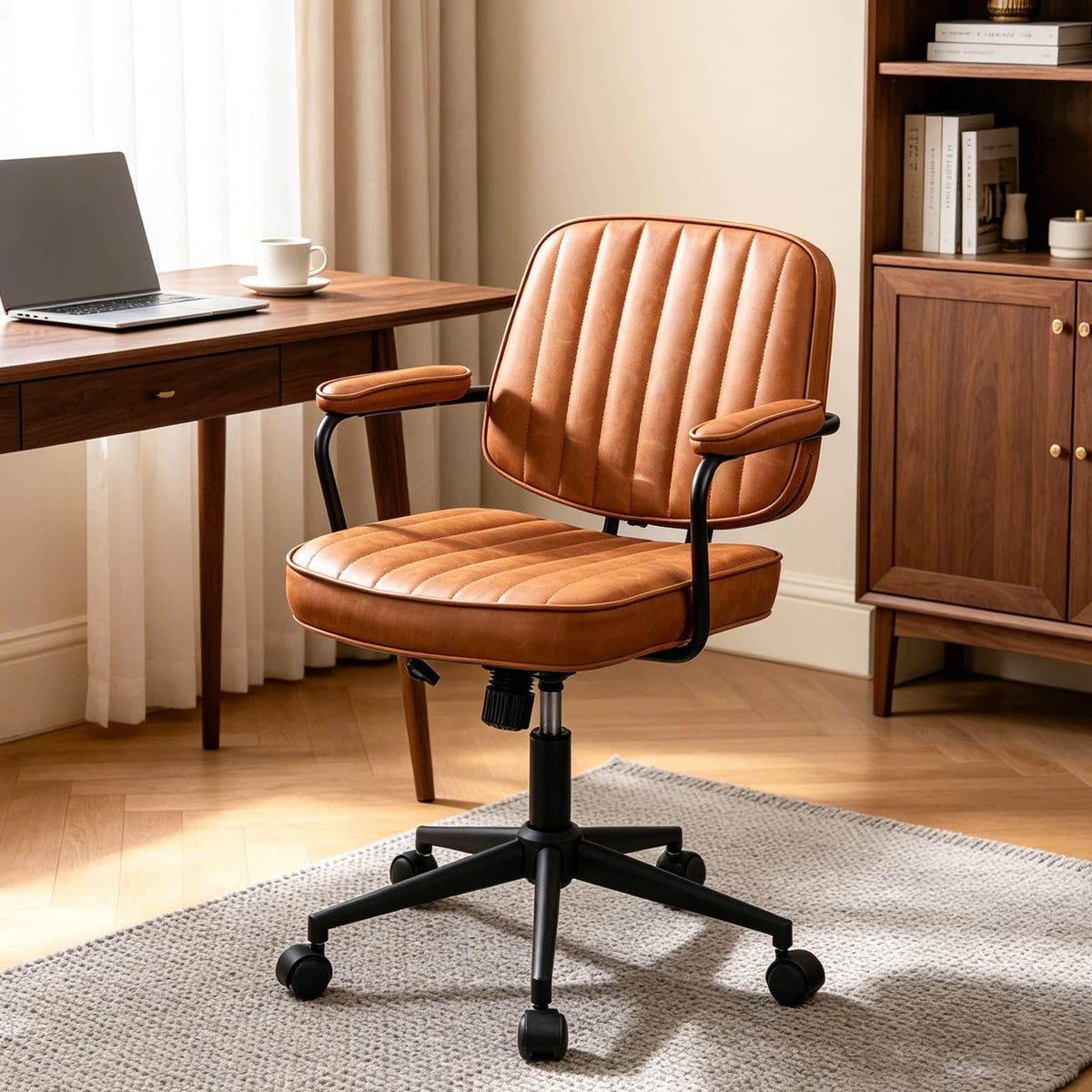 Artswish Mid Century Office Chair, Faux Leather Ergonomic Desk Chair with Arms, 360° Swivel Height Adjustable Computer Chair, Retro Home Office Task Chair with Wheels, Brown