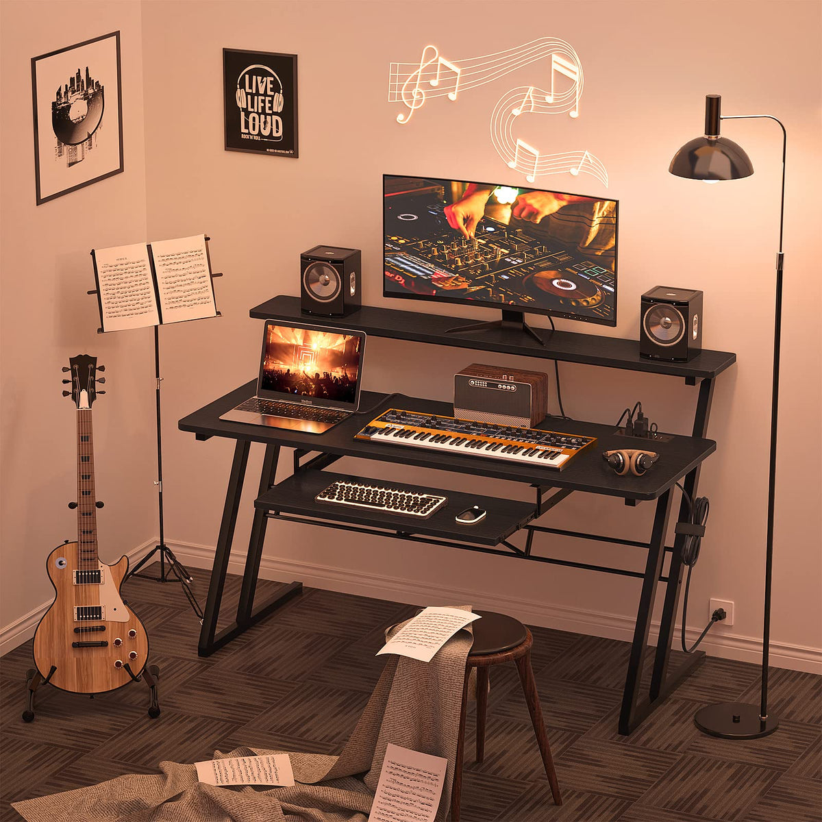 Armocity Music Studio Desk, Music Production Workstation with Power Outlets, Recording Studio Table Desks Music Producer for Home, Black