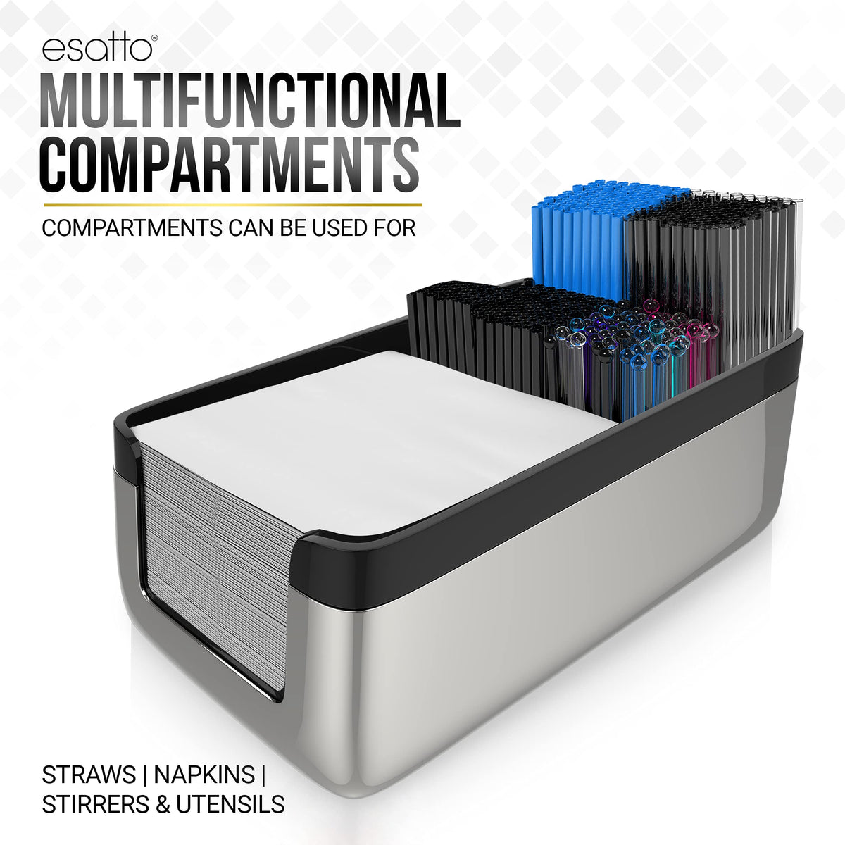 Esatto Professional Bar Products Premium Bar Caddy (Chrome), Used to Easily Organize Bar Items and Workspace, With Additional 12 Pourers For Precision Pouring and 12 Pourer Covers