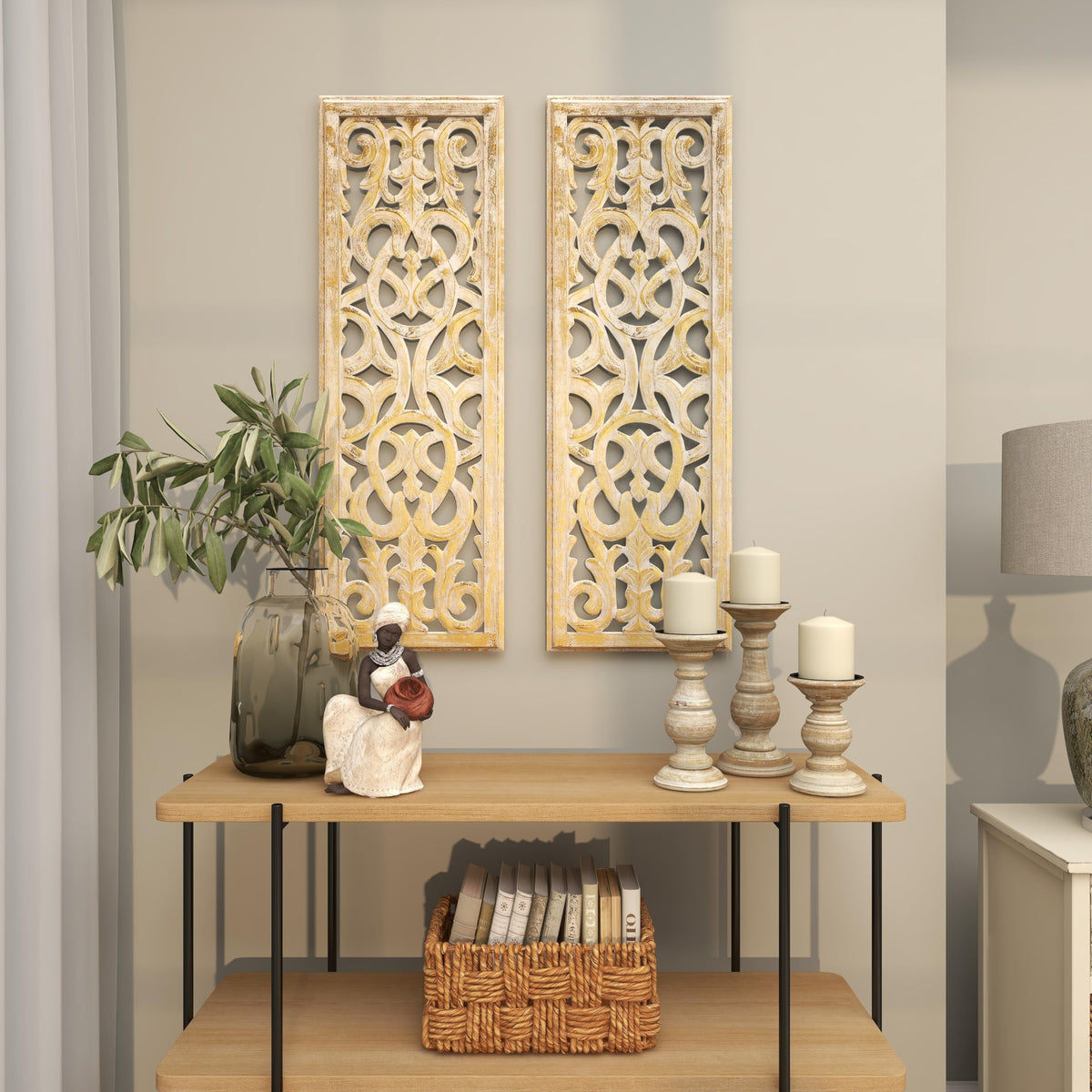 Deco 79 Wooden Floral Handmade Home Wall Decor Intricately Carved Arabesque Wall Sculpture, Wall Art 12" x 1" x 36", Gold