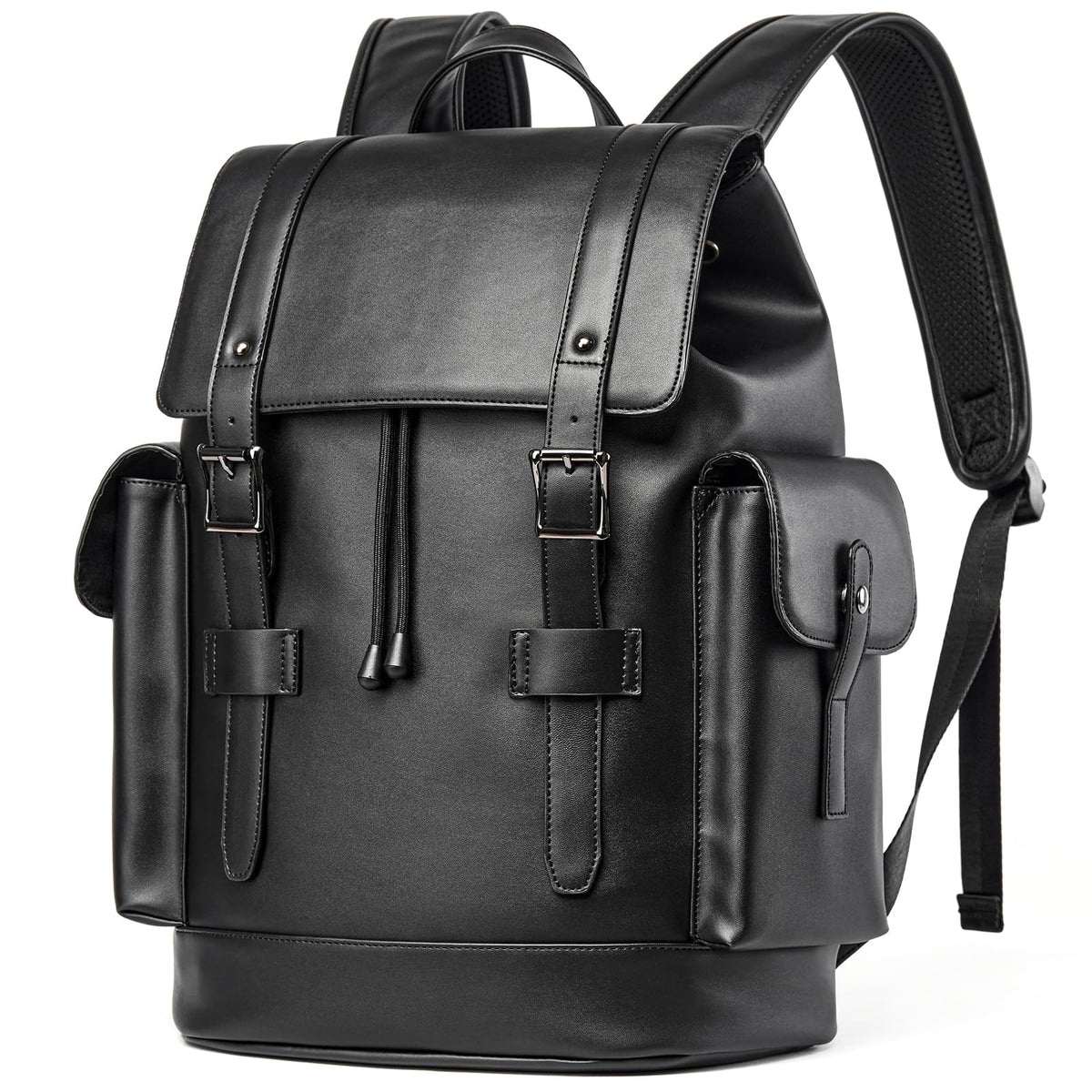MATE ELAN Leather Backpack Waterproof Fit 15.6 Inch Laptop Vintage Drawstring Design Large Capacity Travel Sports Outdoor Casual Black Men Women College Backpack