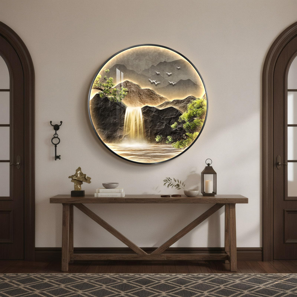 Large LED Mountain Waterfall Wall Art for Living Room, Framed Round Modern Lighted Landscape Picture Artwork for Walls, Backlit Nature Wall Decor for Hallway, Dining Room, Entryway, Office, 30x30 Inch