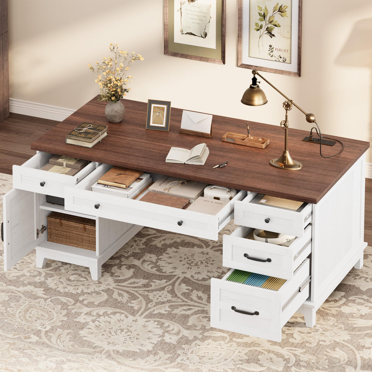 IDEALHOUSE Farmhouse Executive Desk 60 Inch, Wooden Home Office Desk with Adjustable Storage Cabinet, Built-in Charging Port, File Cabinet for Writing & Study, Elegant Workstation, Brownish White