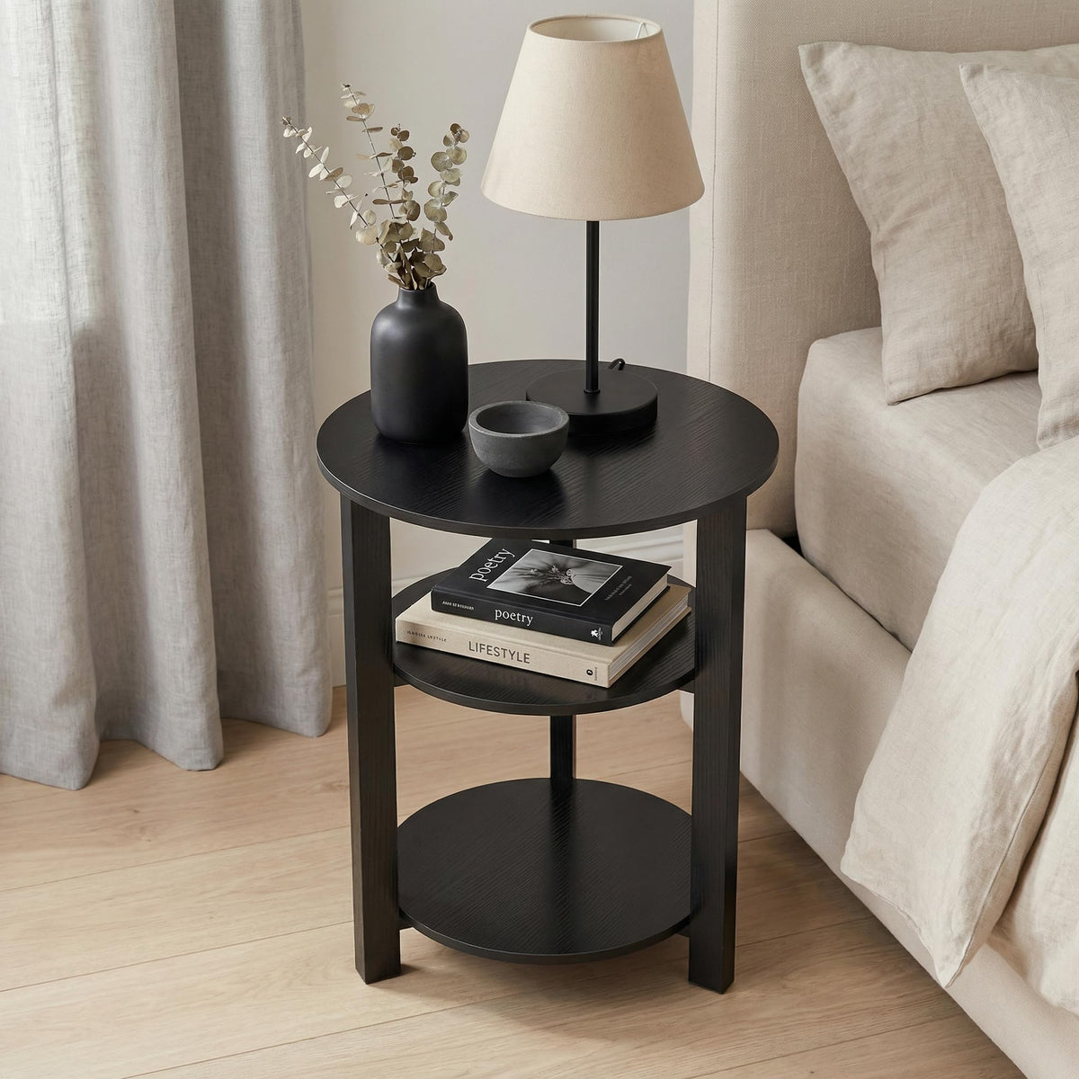 ZEXVIDA Farmhouse 3-Tier Round Side Table, 17.7*21.7Inch End Table with Open Storage,Modern Bedside Couch Accent Table for Living Room, Bedroom, Office，Wooden Table for Narrow and Small Spaces, Black