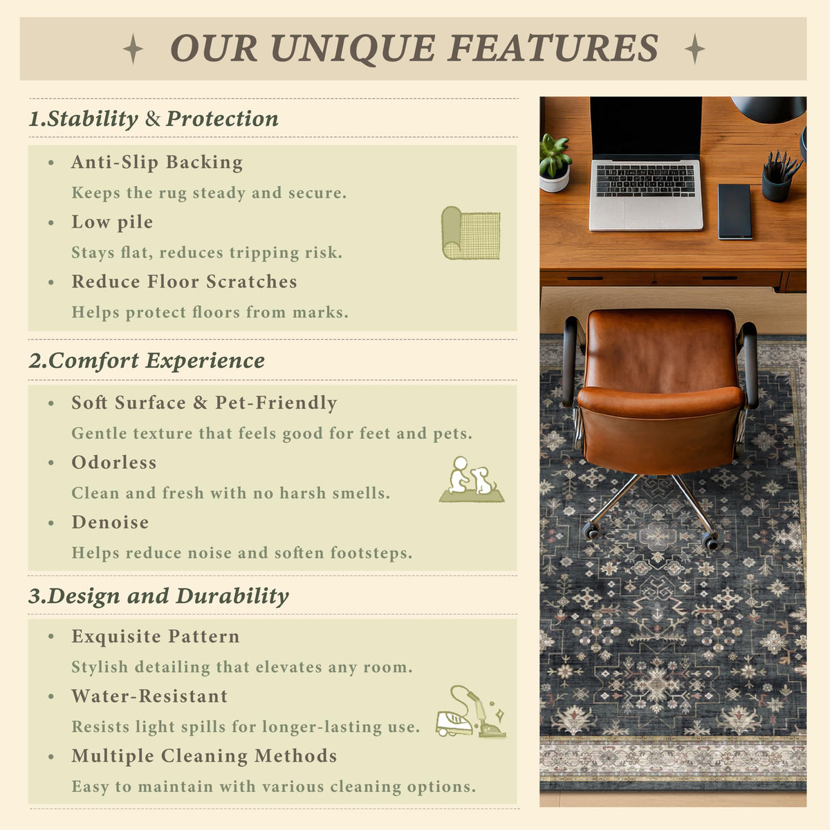 3x4 Black Boho Office Chair Mat for Hardwood Floors - Ultra-Soft Low Pile Desk Rug with Non-Slip Backing, Small 36x48 Computer Chair Area Rug for WFH Comfort and Floor Protection