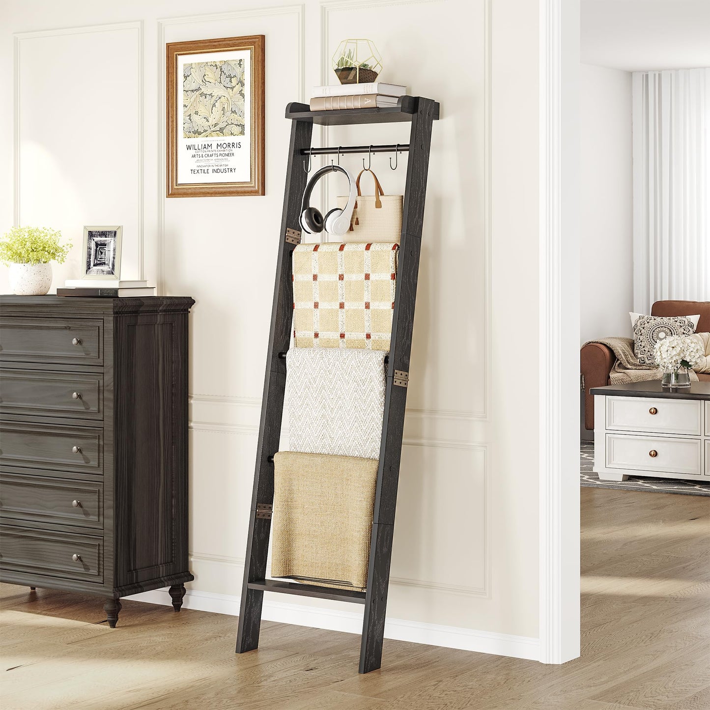 Hzuaneri Blanket Ladder Shelf, Decorative Quilt Rack, 6-Tier Farmhouse Ladder Holder Organizer with 4 Removable Hooks 7.9" D x 17.3" W x 63.4" H, Black BR35804B