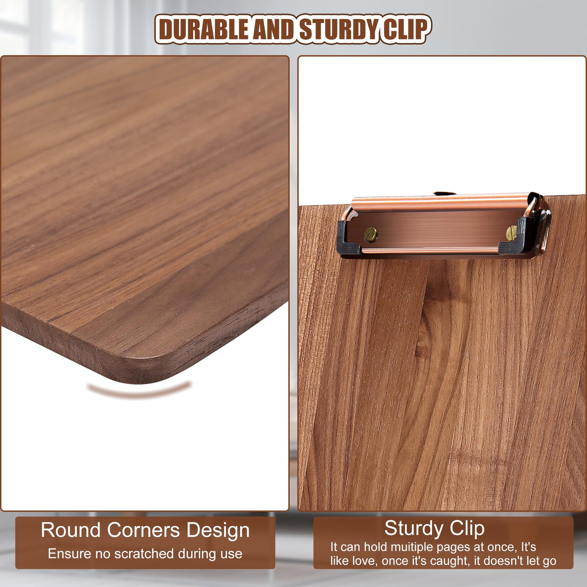 Walnut Wood Clipboard, 12.6" x 8.7" Clip Board with Stable Base, School Classroom Essentials, Solid Hardwood, Free Stand Holder for Bar, Training Courses, Coffee Shops, Office Supplies Teacher Gifts