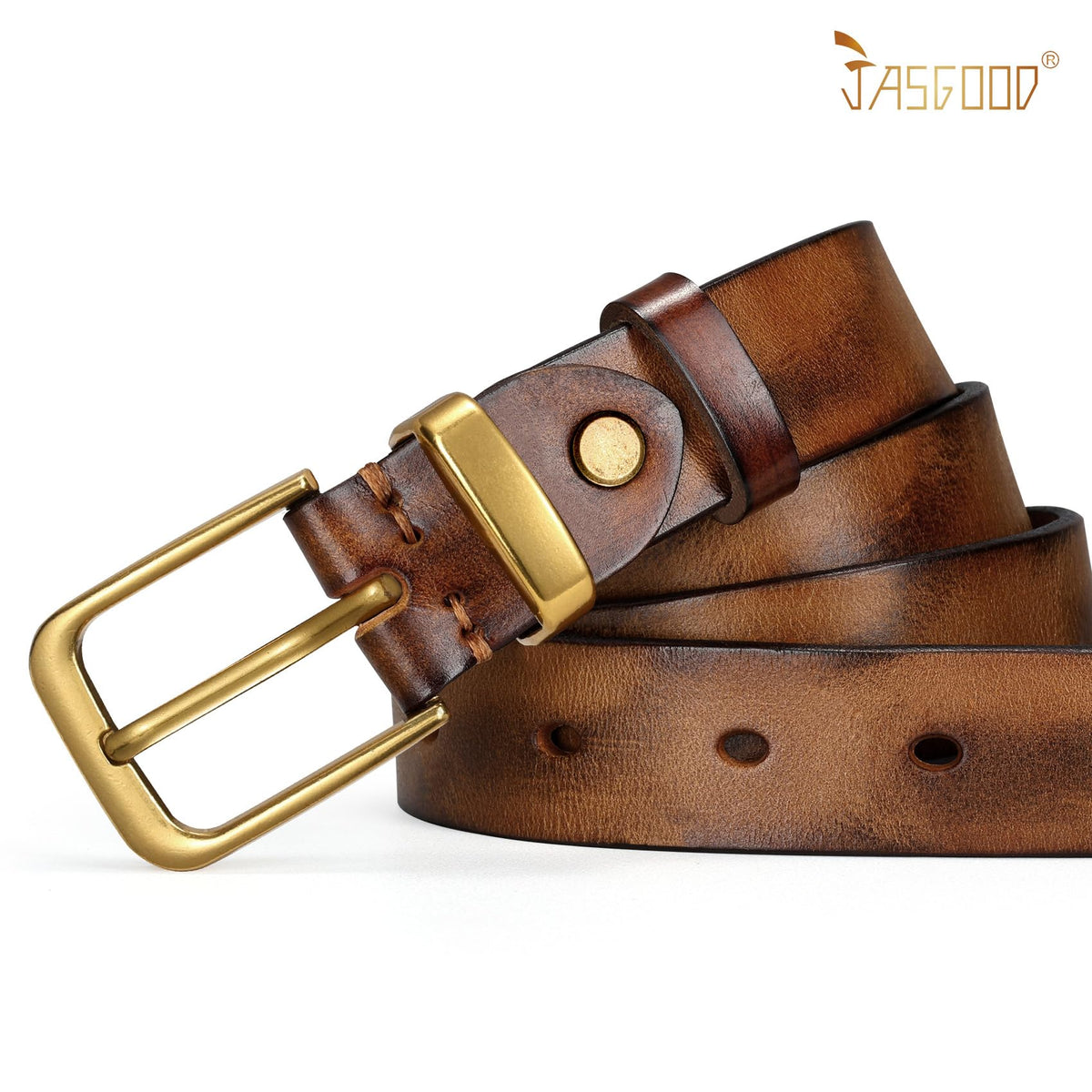 JASGOOD Women Belt Genuine leather Belt with Gold Buckle,Ladies Full Grain Leather Belt for Jeans Pants,Brown