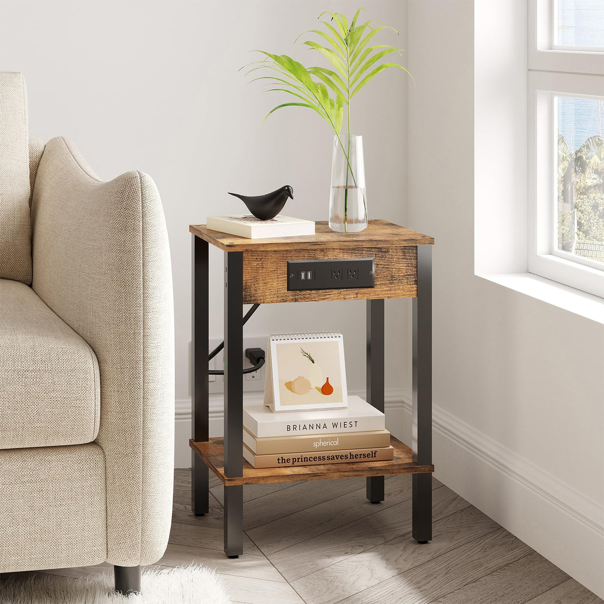 End Table with Charging Station, 2-Tier Nightstand with Storage Shelf,Modern Side Table,Bedside Table for Small Space in Living Room, Bedroom, Sofa Couch and Balcony, Rustic Brown MLBZ14RE