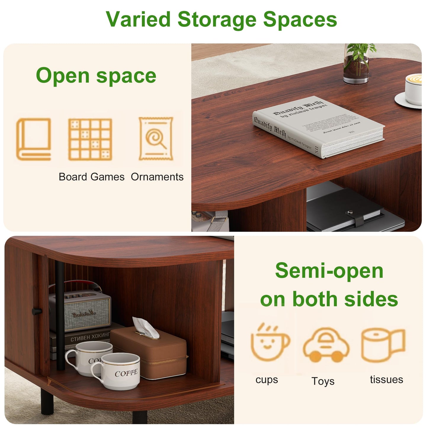 Coffee Table, 39.4" Mid Century Modern Coffee Tables for Living Room, Coffee Table with Storage Open Shelf, Fluted Table with Sliding Cabinet Door, Suitable for Living Room, Home Office, Walnut