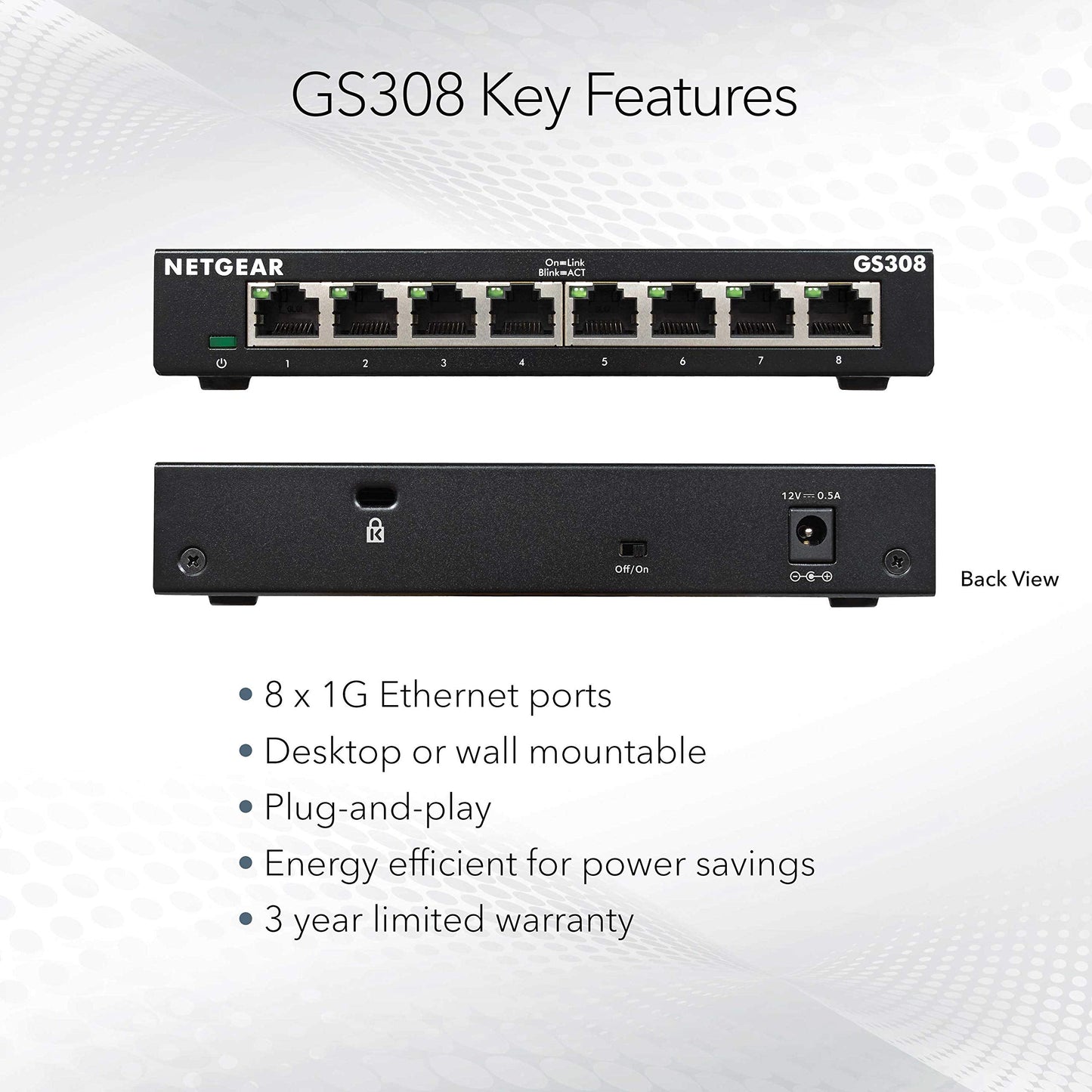 NETGEAR 8-Port Gigabit Ethernet Unmanaged Essentials Switch (GS308) - Home Network Hub, Office Ethernet Splitter, Plug-and-Play, Silent Operation, Desktop or Wall Mount