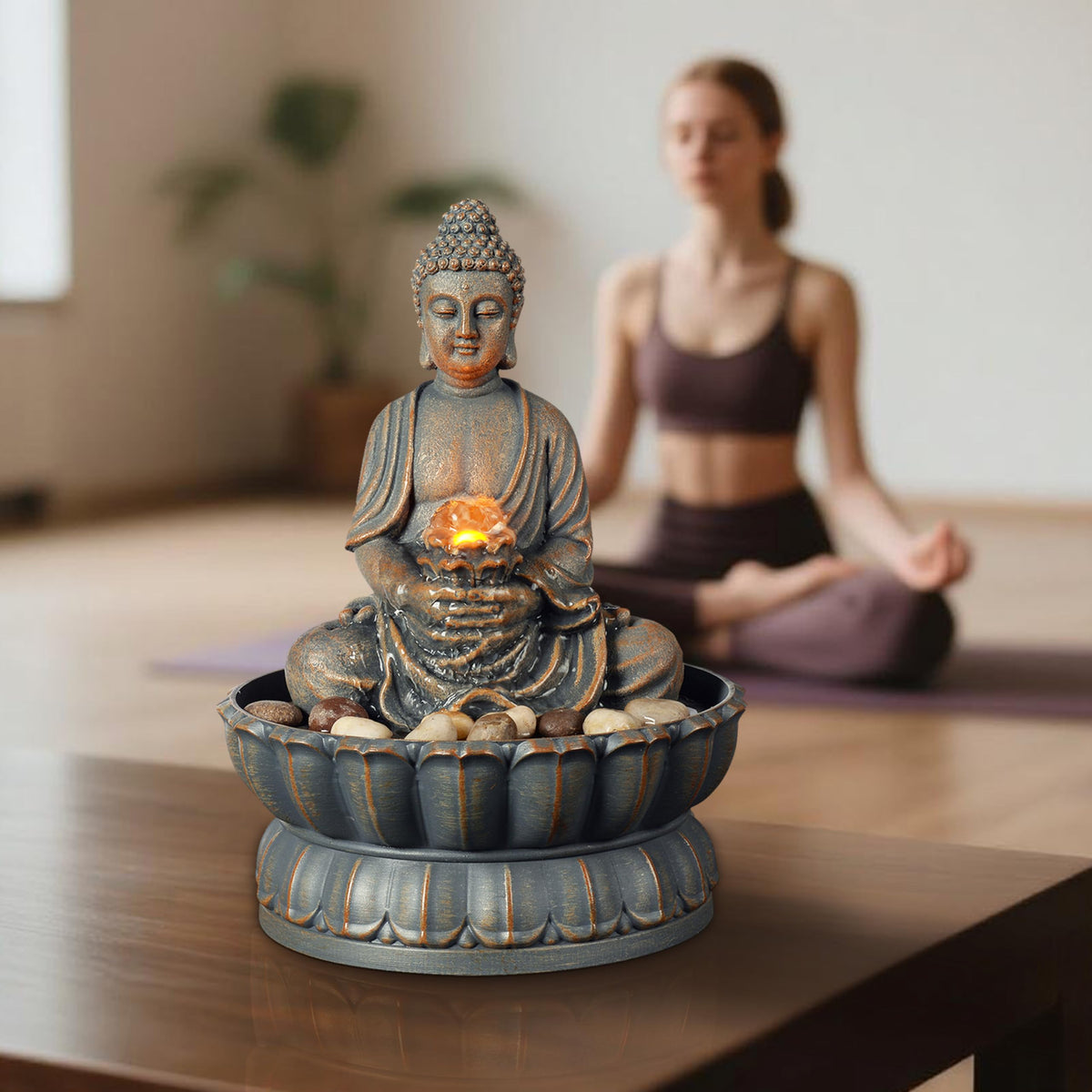 Kalona Home Décor 9.6" Tabletop Fountain Exquisite Smile Sitting Buddha Fountains Desk Water Fountain Decorative Zen Fountain w/Reflective Lighting/Cobblestone Office and Home Decor(21125A)