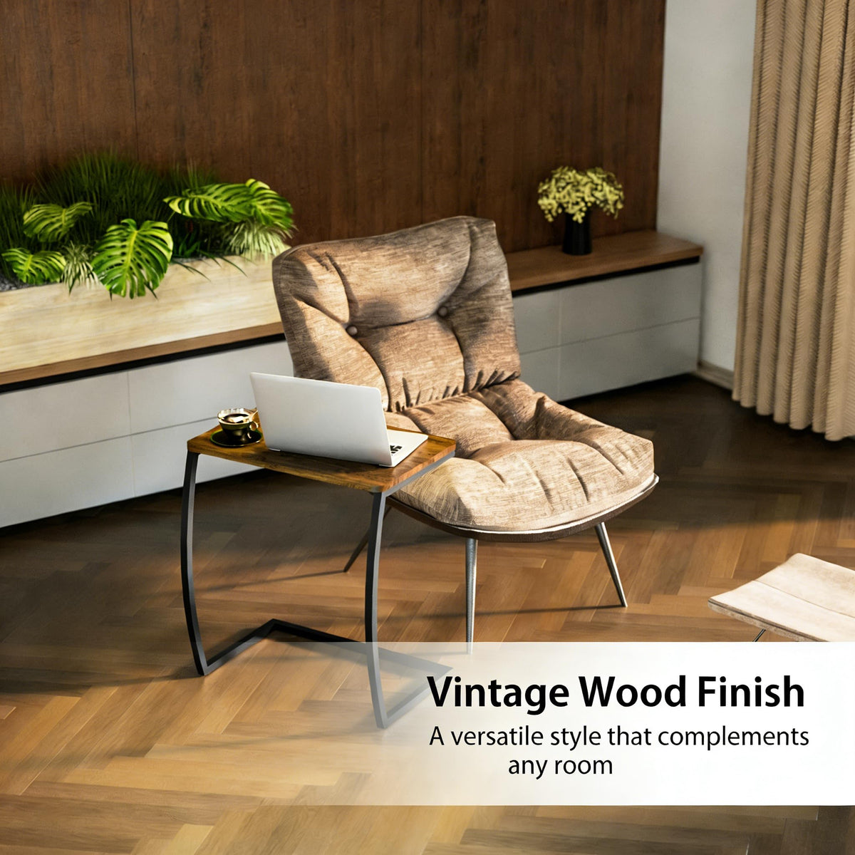 SRIWATANA Side Table, End Table, Vintage C-Shaped Couch Table for Sofa Laptop Coffee Snack, Walnut