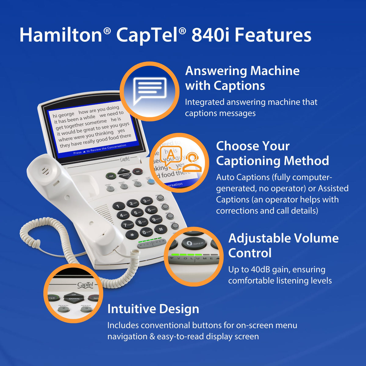 Hamilton CapTel 840i Captioned Telephone, Hearing Impaired Phones, Auto/Assisted Captions & Volume Control up to 40dB, Conventional Button Menu Navigation, Wi-Fi, Answering Machine & Speakerphone