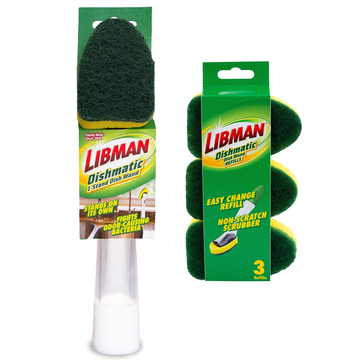 Libman Dishmatic I-Stand Dish Wand Kit, Kitchen Cleaning Scrub Brush with Handle and Soap Dispenser for Scrubbing and Washing Dishes, Refillable Standing Dispensing Scrubber Brushes, 3 Sponge Refills