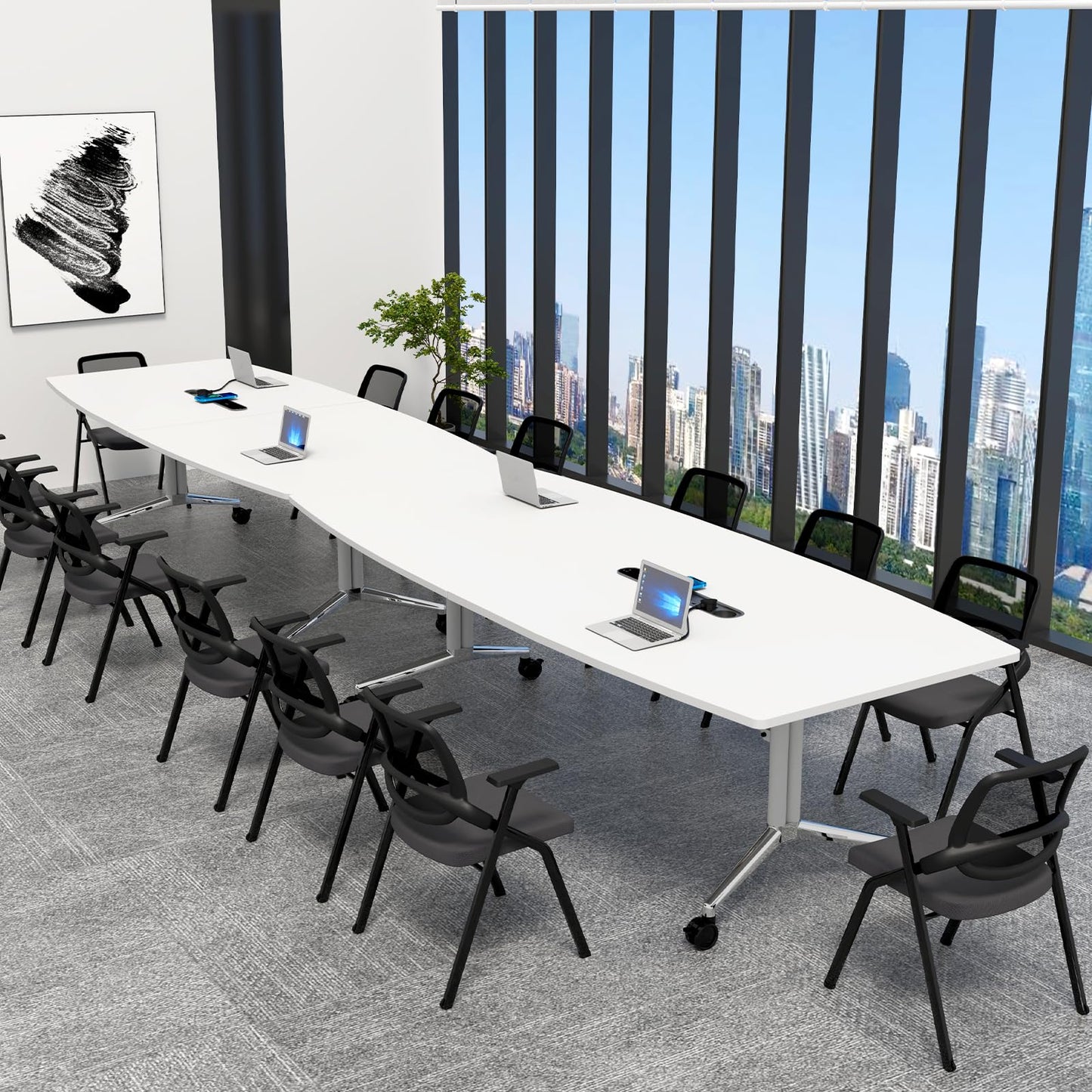 7.5FT Folding Conference Room Table for 6-8 People, 90.6" Meeting Seminar Table with Power Outlets & Cable Grommets Metal Frame for Office Conference, Executive & Collaborative Spaces (1, G, 90.6in)