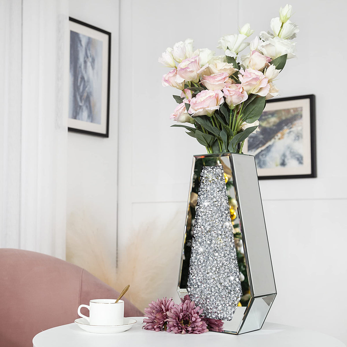 Crushed Diamond Mirrored Flower Vase Large Glass Vase Modern Crystal Decorative Mirror Vases Stunning Luxury Tall Floor Vase for Centerpieces Flowers Home Decor, Silver, 14" H. Can’t Hold Water.