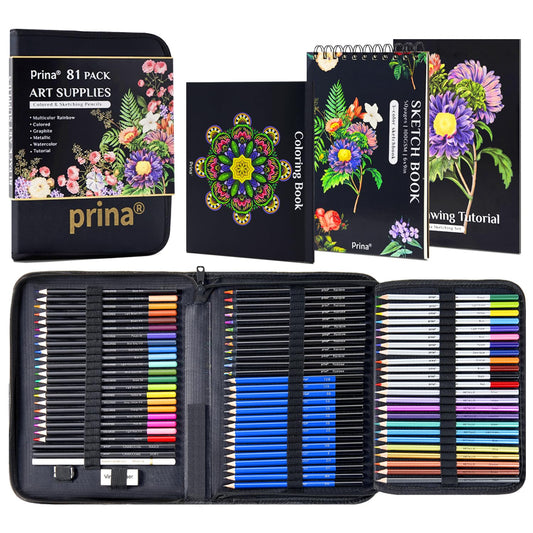 PRINA 81 Drawing Set Sketching Kit, Pro Sketch Pencils Art Supplies with Rainbow, Colored, Graphite, Watercolor, Metallic, Charcoal Pencil, Sketchbook, Coloring Book, Gift Case for Artists Adults Kids
