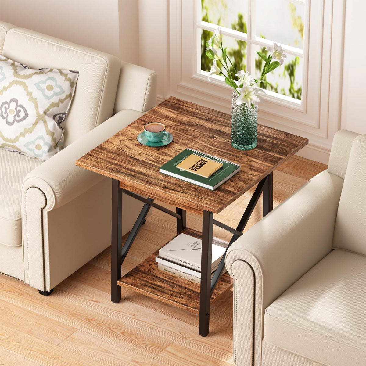GreenForest End Table 24 inch for Living Room, Large Square Side Tables with X-Frame, Tall Industrial Bedside Nightstand with 2-Tier Storage, Rustic Walnut