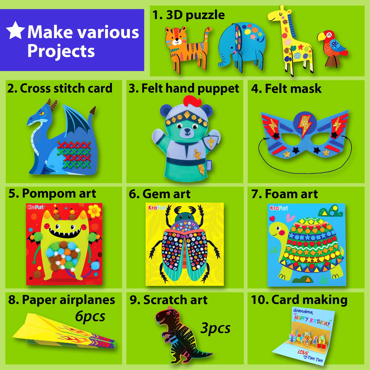 KRAFUN Toddler Art and Craft Kit, Preschool Educational Activities with 10 Envelope Projects - Origami, Puppets, Lacing & Pompoms, Creative DIY Gifts for Boys and Girls Ages 3-5