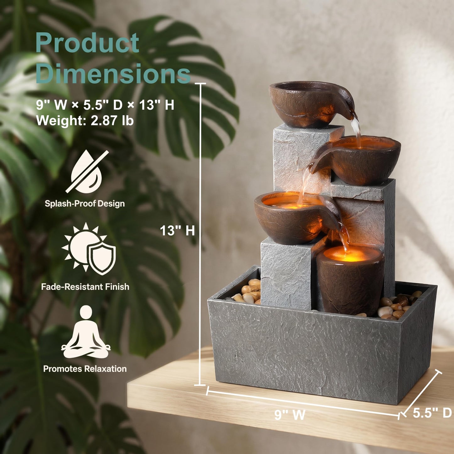 Rytmfluss 13 Inch Tabletop Water Fountain Indoor, Desktop Waterfall Fountain with LED Lights, Indoor Fountain Zen Decor for Home Office Bedroom Meditation Relaxation Desk Decor, Gift for Women and Mom