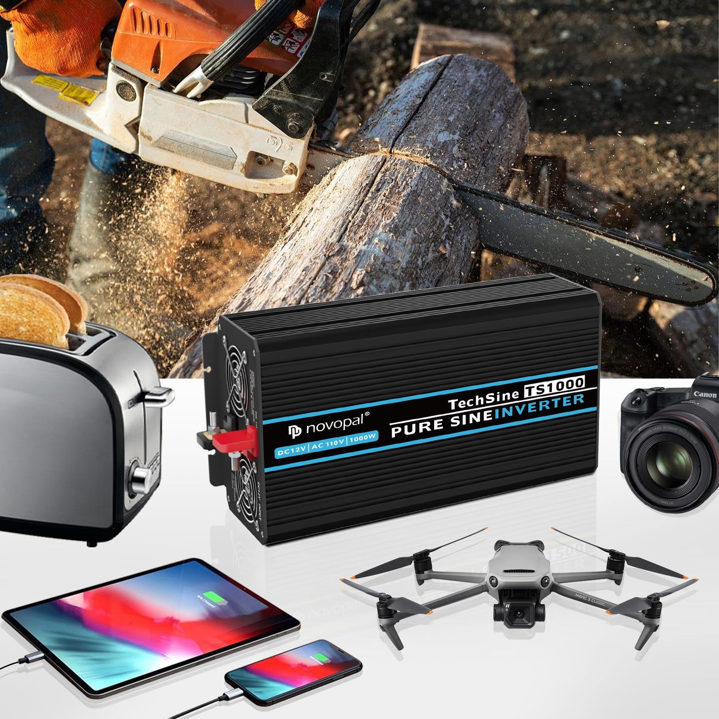 NOVOPAL 1000W Pure Sine Wave Power Inverter 1000 Watt 12V DC to 110V 120V AC,4 AC Outlets, 1 x USB Ports for Off-Grid Solar Car RV Truck Boat with 16FT Wired Remote