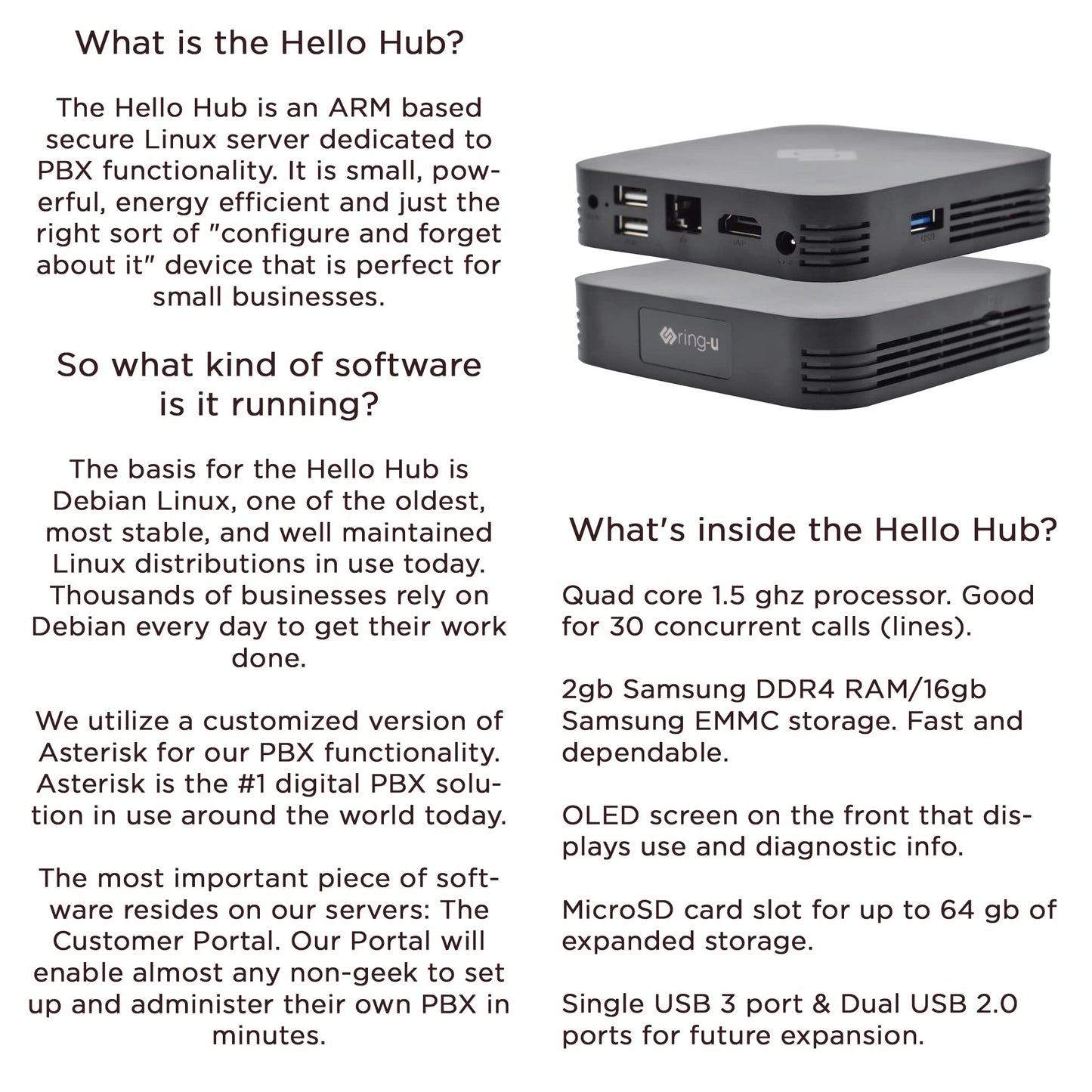 ring-u Hello Hub Small Business Phone System (PBX) and Service (VOIP). Up to 30 Lines and 75 Extensions. Keep Your Number! Set-up Easier Than a Wireless Router. Ring-u Service Required.
