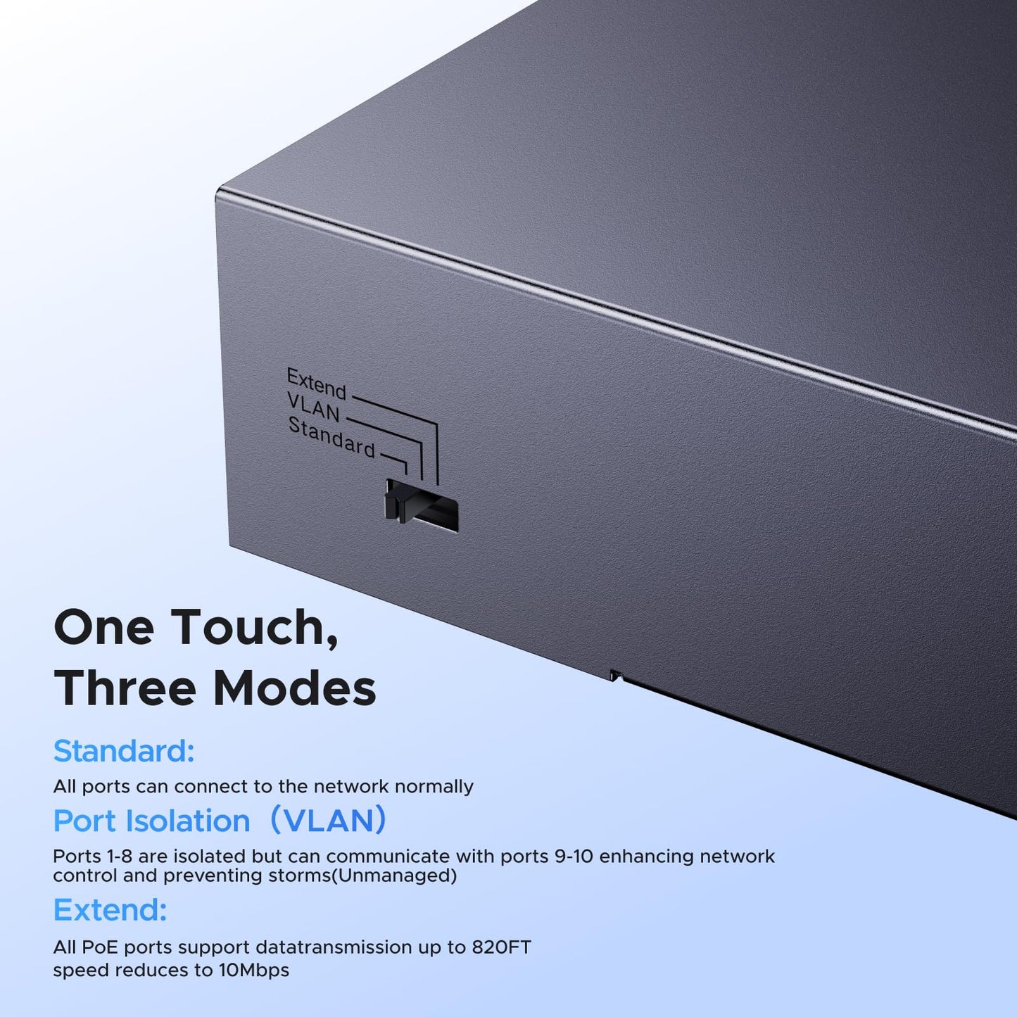 UGREEN Ethernet Switch, 10-Port PoE Switch, 8 PoE+@60W + 2 Gigabit Uplink, Plug & Play, Standard/Port Isolation(VLAN)/Extend Mode, PoE Auto Recovery, Metal Unmanaged Network Hub for Security Camera