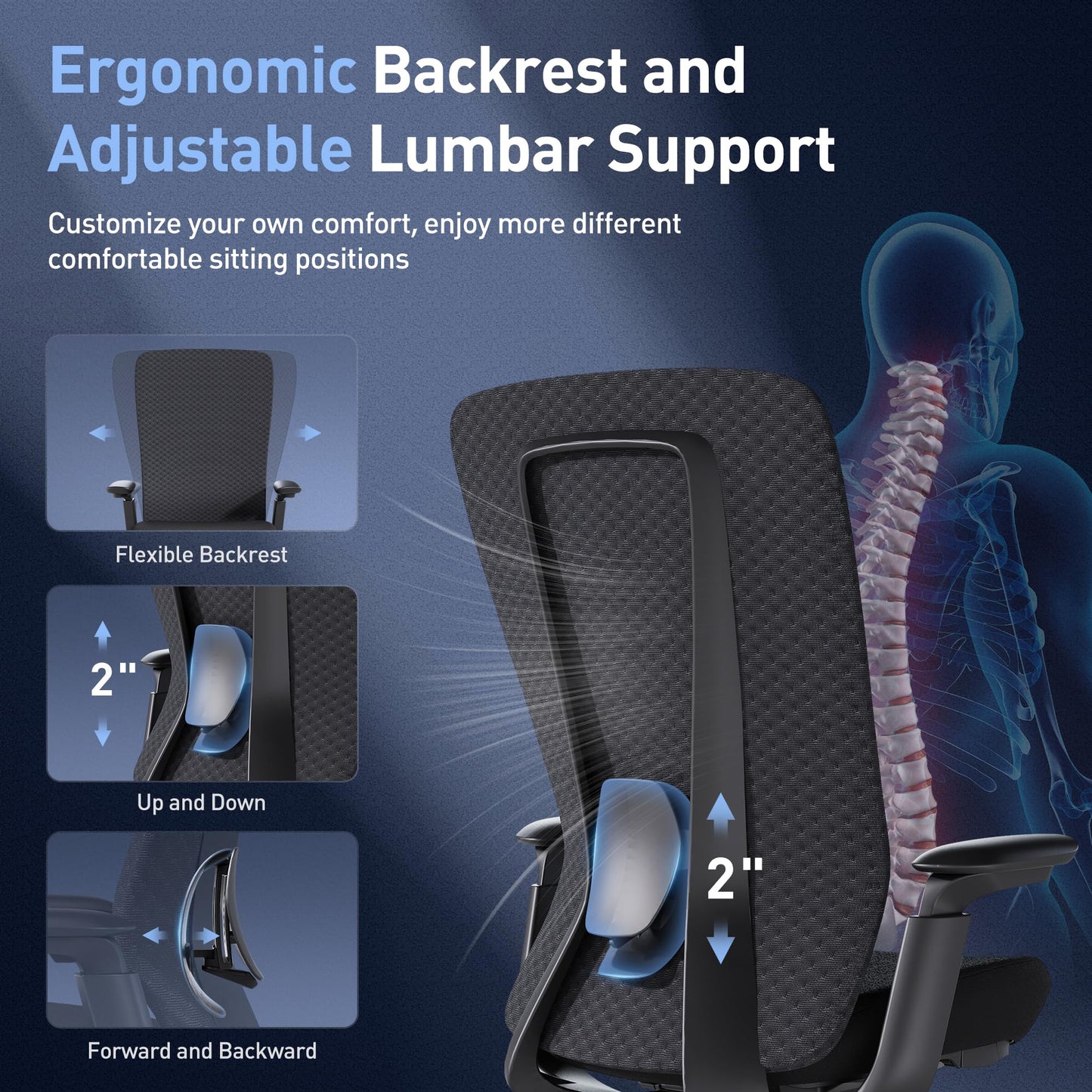 COLAMY Ergonomic Mesh Office Chair, Computer Executive Desk Chair, Ergonomic Office Chair Lumbar Support with Flexible Backrest, Slide Seat, Darkblue