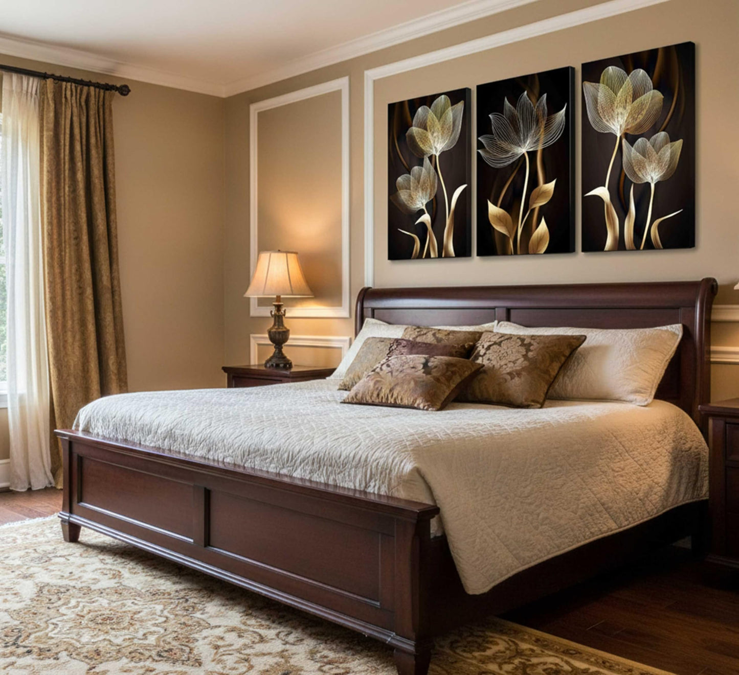 3 Pieces Modern Abstract Brown Flowers Canvas Wall Art Minimalism Black and Gold Floral Painting Pictures Luxury Wall Decor Posters Print Artwork for living room Office Bedroom Home Decoration