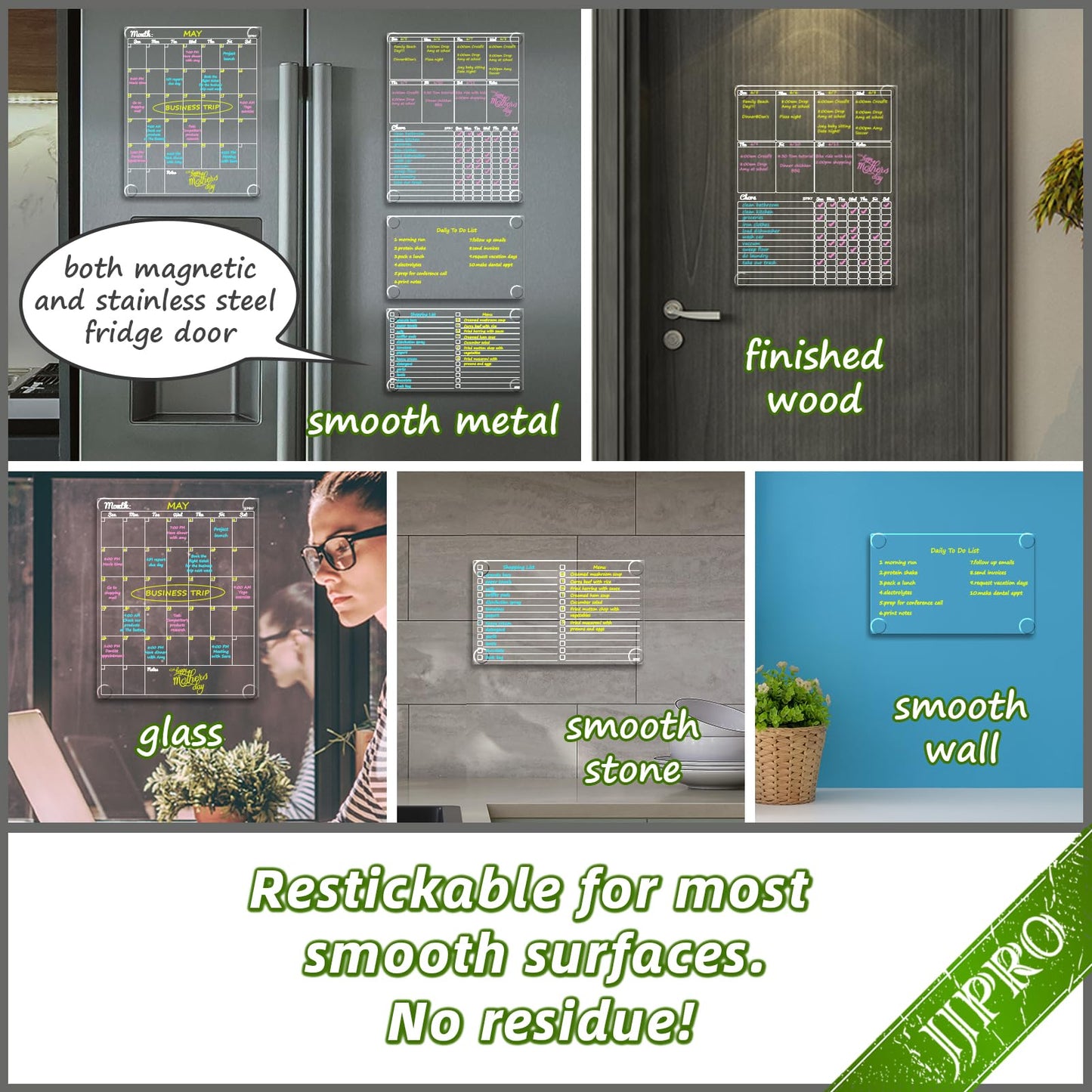 JJPRO Non-Magnetic Dry Erase Calendar - Monthly & Weekly Chart, List & Blank Board for Smooth Surfaces. Clear Reusable Calendar Sticks to Fridge, Cabinet, Door & Glass