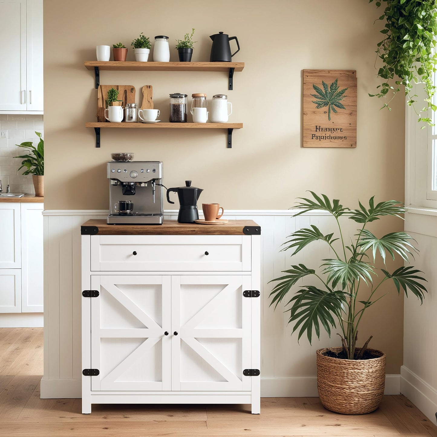 YESHOMY Coffee Bar and Accent Cabinet, Farmhouse Barn Door Buffet Sideboard with Drawer and Adjustable Shelf, Wide Desktop for Kitchen, Dining Room, Bathroom, Entryway, Rustic Brown & White