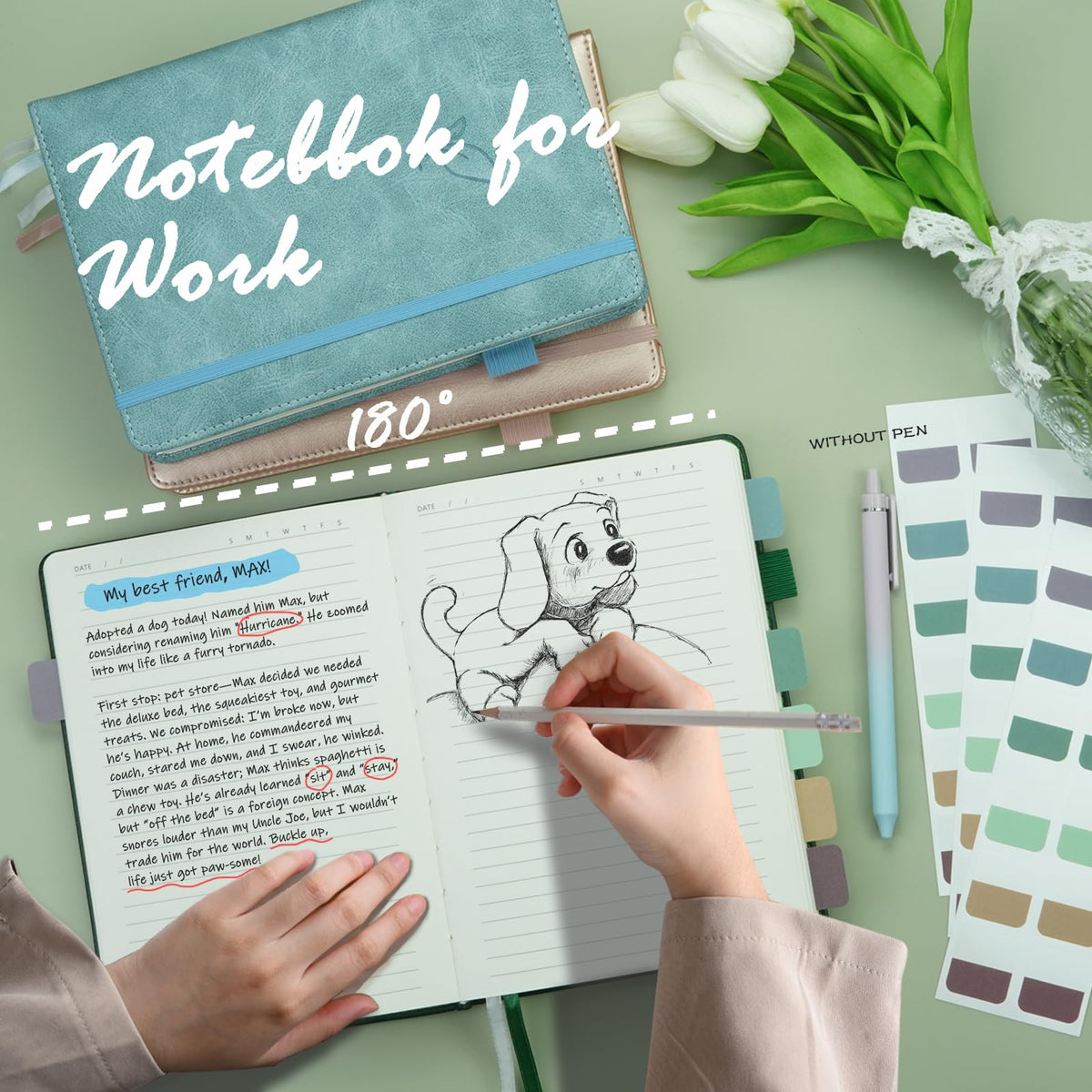 Hoci Poci Lined Journal Notebook, 400 Pages Thick Journal for Writing, A5 Hardcover Leather Notebook with 100Gsm College Ruled Paper for Women Men Work Note taking, 5.8" x 8.4", Green