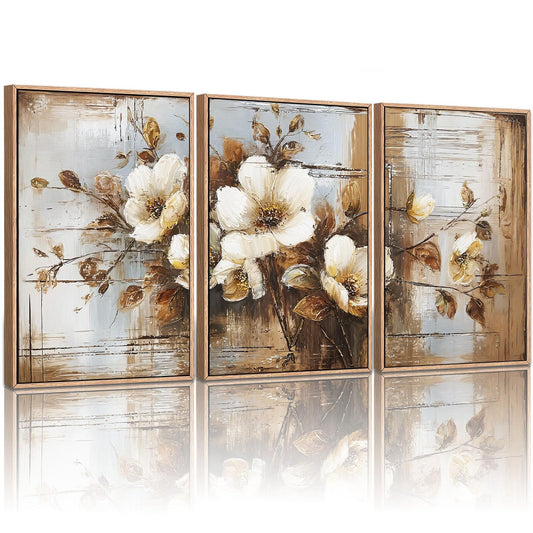 YCJKJDZ Framed Dark Floral Canvas Wall Art Set of 3, Neutral Fall Plant Bohemian Vintage Moody Flower Wall Decor Artwork for Farmhouse Bedroom Living Room Office, 20x30 inches