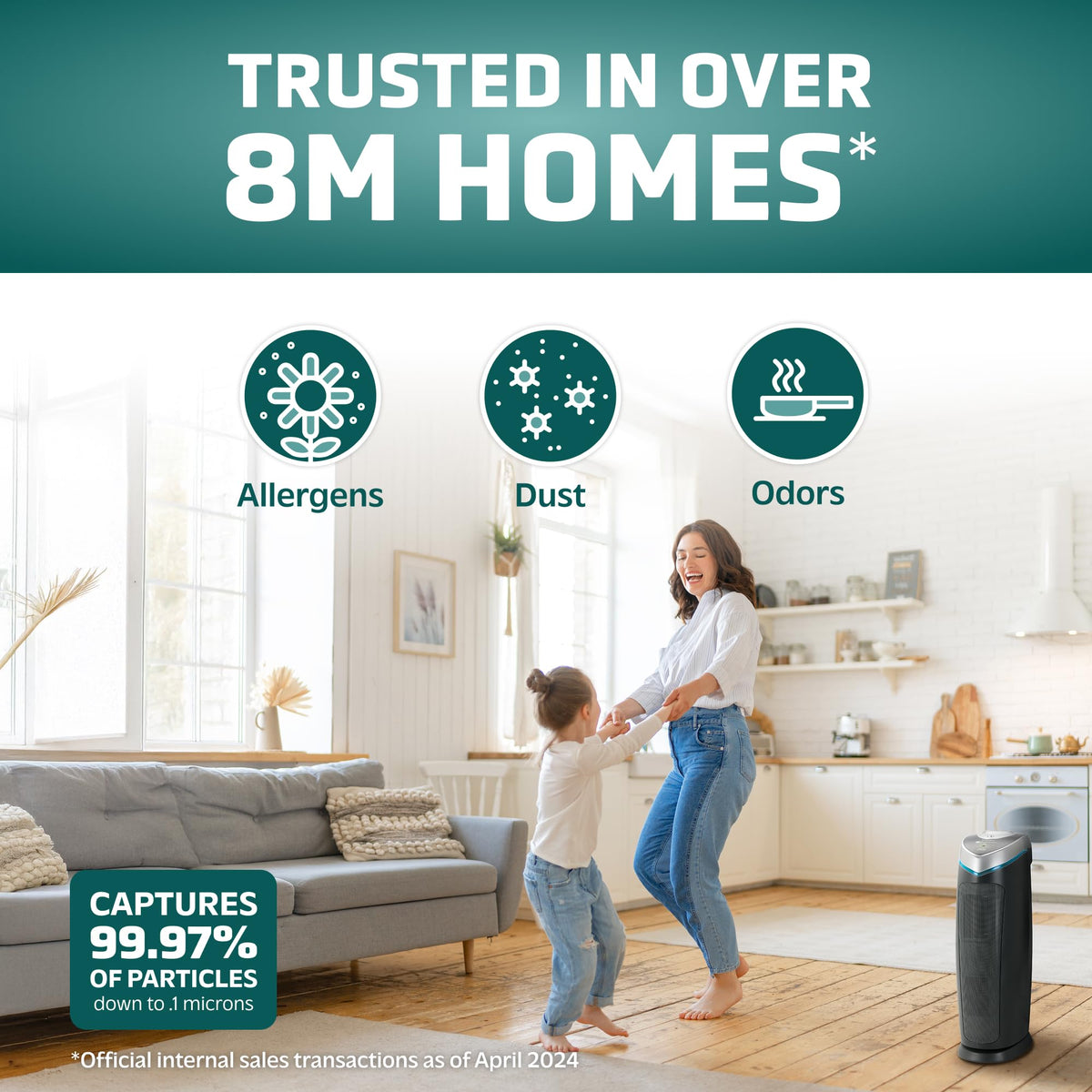 GermGuardian 4-in-1 HEPA Air Purifier for Home, Large Rooms Up to 743 Sq. Ft. with HEPA Air Filter, UV-C Light & Odor Reduction, AC4825E, 22 Tower Gray"