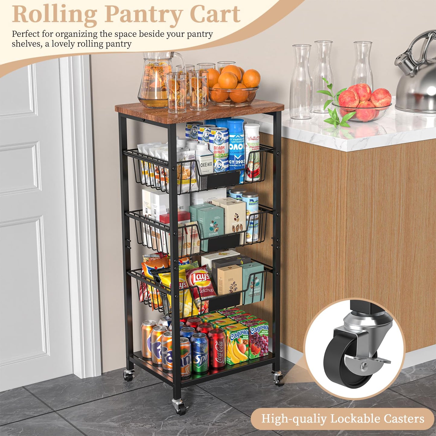 Hastatii Kitchen Storage Cart, Kitchen Basket, 5-Tier Utility Organizer with Baskets and Wood Top, Rolling Snack Cart with Wheels, Metal Black
