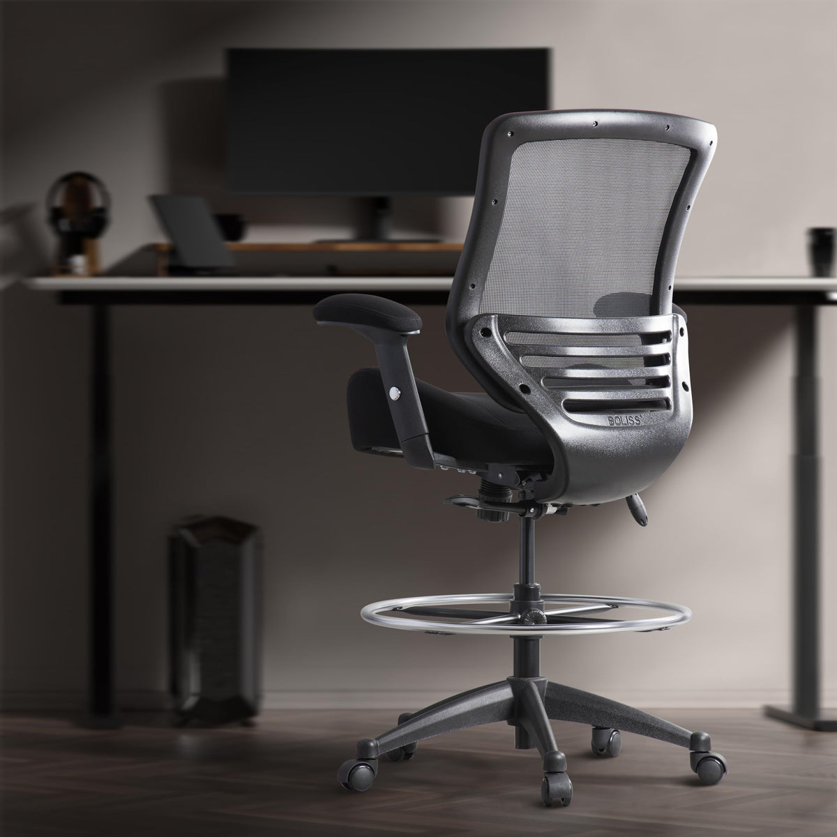 BOLISS 400lbs Mid Back Mesh Ergonomic Drafting Chair for Standing Desk Office Wide Chair Built-in Lumbar Support Big Adjustable Foot Ring Height Adjustable Armrest (Black)