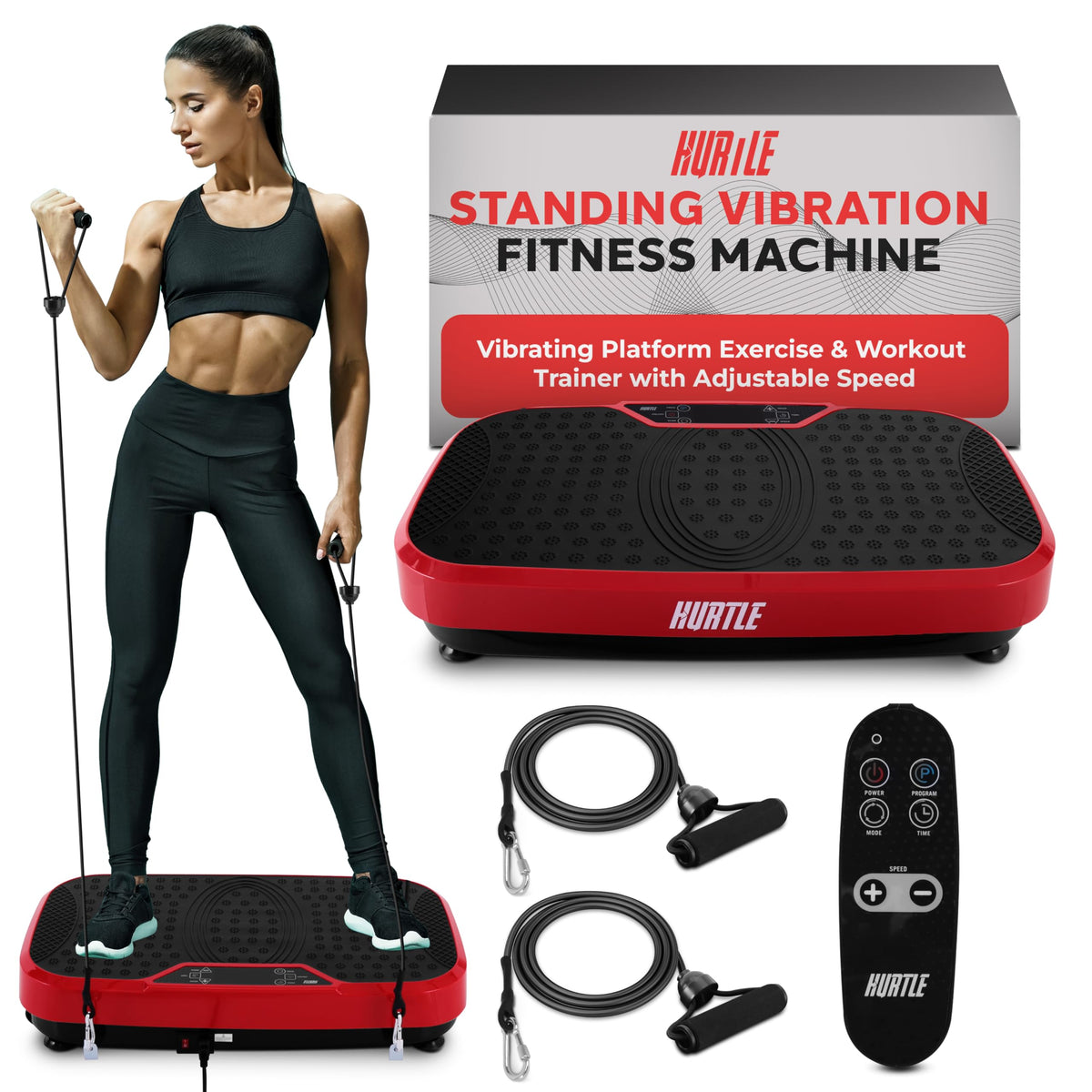 Hurtle Fitness Vibration Platform Machine - Home Gym Whole Body Shaker Exercise Machine Workout Trainer Fast Weight Loss with Resistance Bands Easy Carry Wheel with Handle, Remote Adjustable Speed