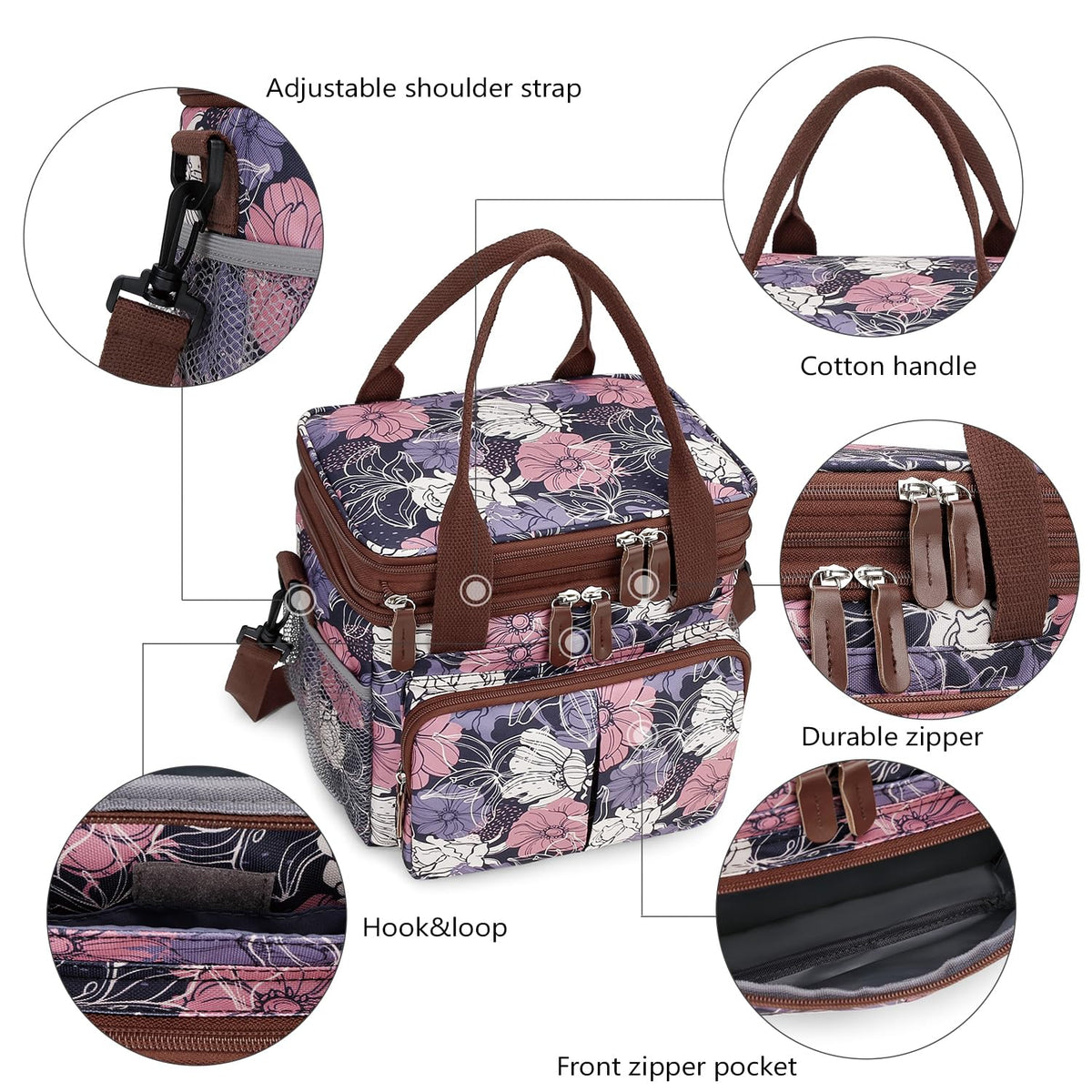 MOV COMPRA Lunch Bag for Women Men Double Deck Expandable Lunch Box,Large Lunch Bags,Leakproof Lunch Box Cooler Bag (Purple Flower)