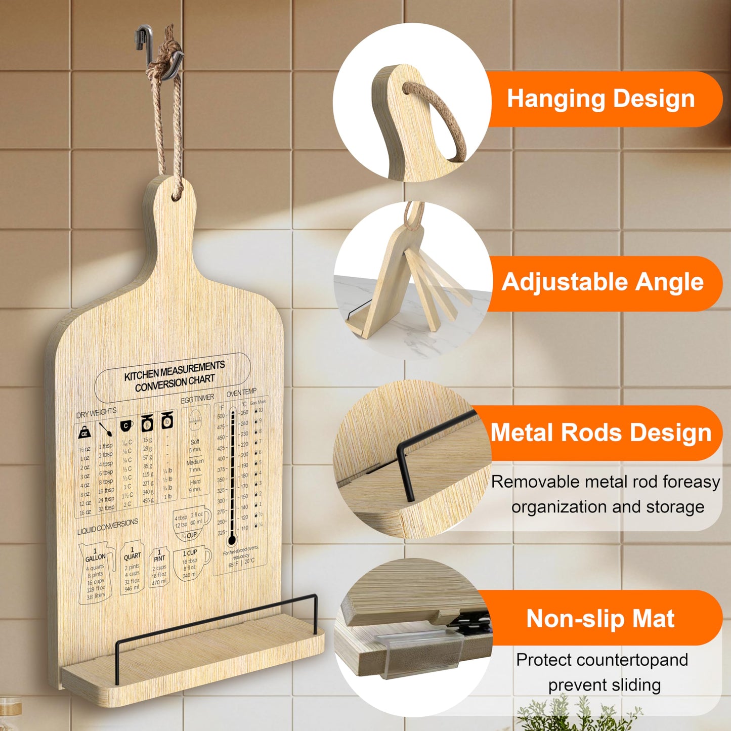 ZEUMIE Bamboo Cookbook Stand, Adjustable Cookbook Holder Stand, Recipe Book Holder with Measurement Conversion Chart, Cook Book Stand for Kitchen Counter, Essential Accessories Gifts for Bakers Women