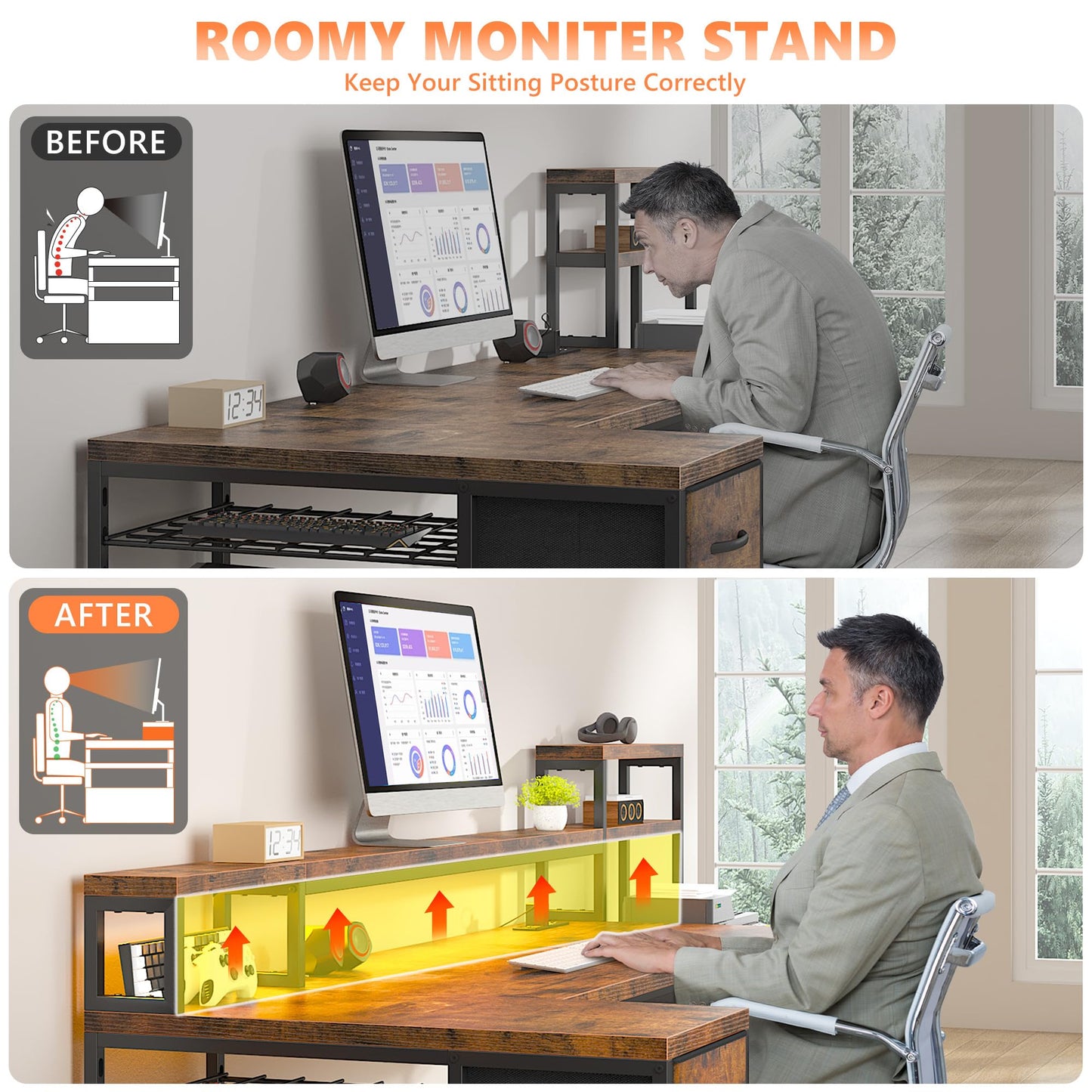 EnHomee 71" L Shaped Computer Desk with 3 Drawers & Hutch,Reversible Gaming Desk with LED Lights & Power Outlet,Home Office Desks with Monitor Stand & Printer Shelf for Student School Rustic Brown