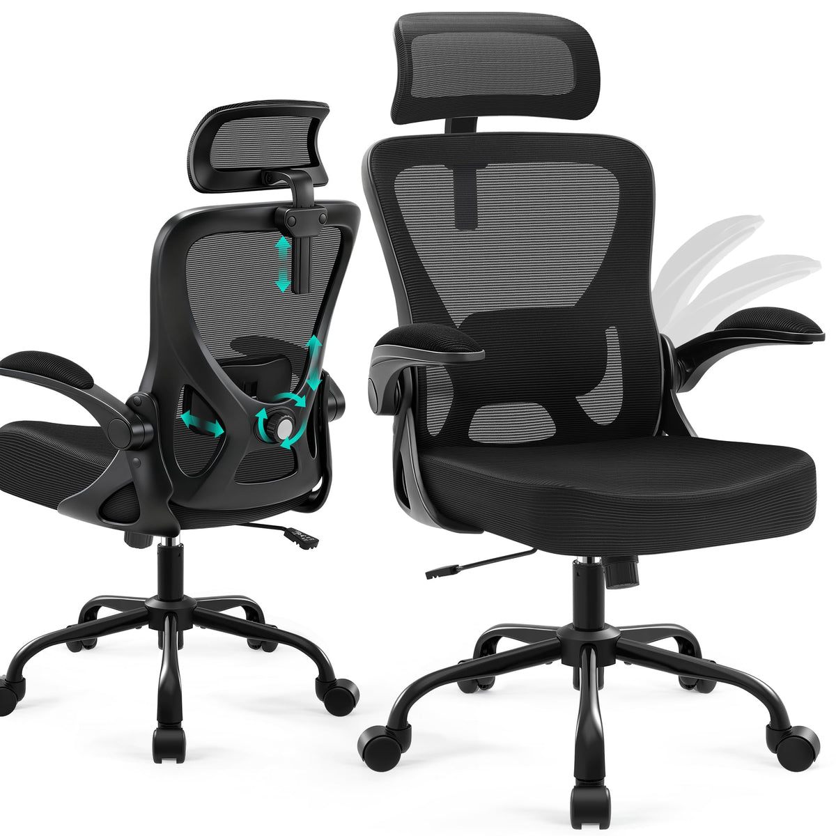 AreShark Office Chair - Ergonomic Desk Chair Breathable Mesh Chair with 2D Headrest & Adjustable Lumbar Support - Executive High Back Rolling Swivel Computer Gaming Chair with Wheels Flip-up Armrests