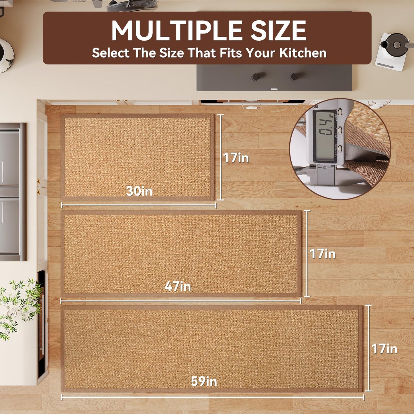 YDKGL Anti Fatigue Kitchen Rugs Mat Non Slip Washable, 0.4" Thick Soft Cushioned Absorbent Kitchen Mats for Floor, Jute-Like Woven Laundry Standing Mats Sink Mat, Easy Clean Care, Brown 17"x30"