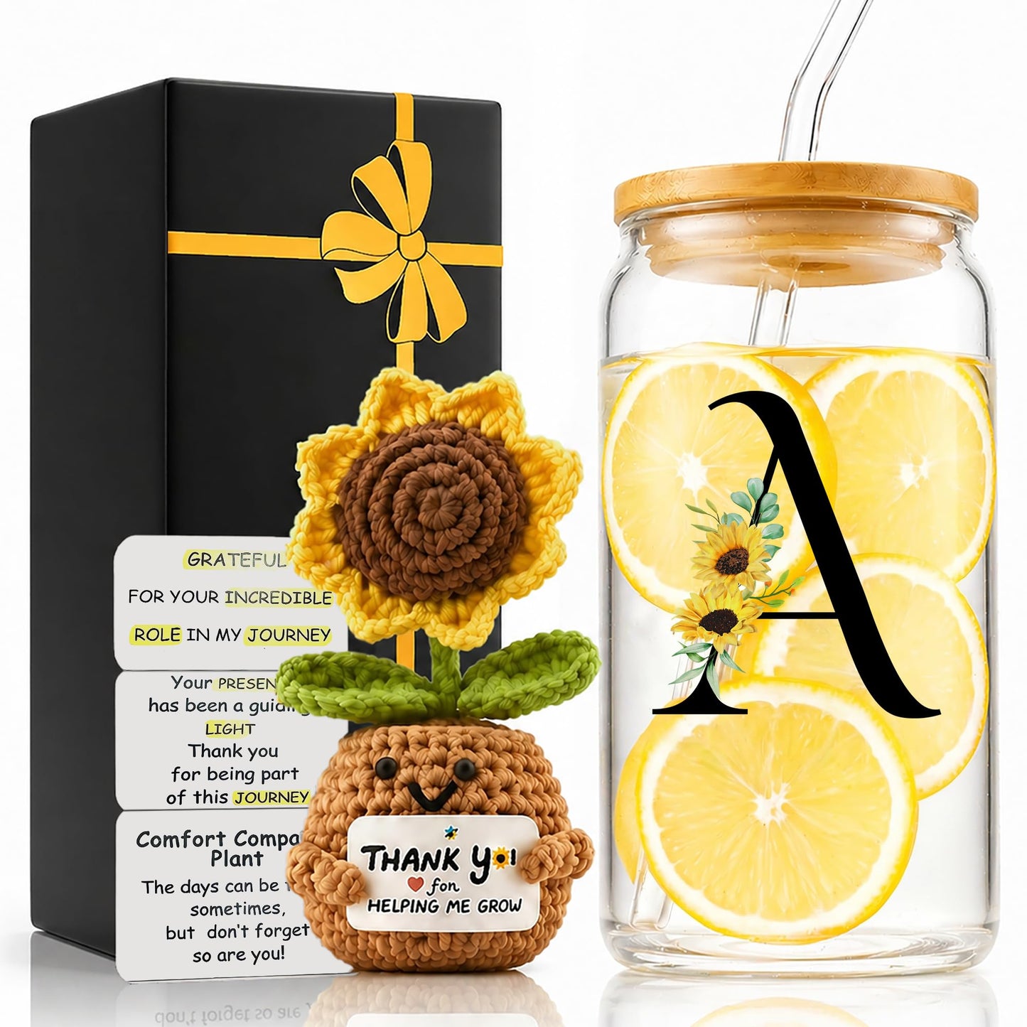 2 in 1 Personalized Glass Drinking Cup and Emotional Support Crochet Office Desk Sunflower Decor Women Paraprofessional Appreciation Admin Day Coworker Friend Thank You Gifts Social Worker Teacher A