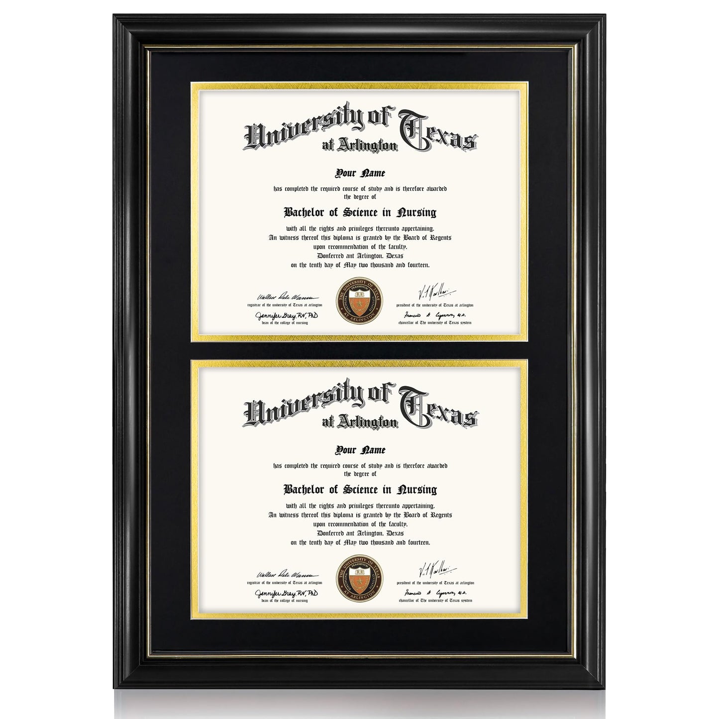 GraduationMall Double 8.5x11 Diploma Frame,Solid Wood & Tempered Glass,Black Finish with Gold Trim,Black & Gold Mat