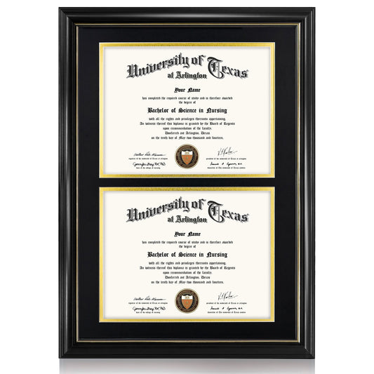 GraduationMall Double 8.5x11 Diploma Frame,Solid Wood & Tempered Glass,Black Finish with Gold Trim,Black & Gold Mat