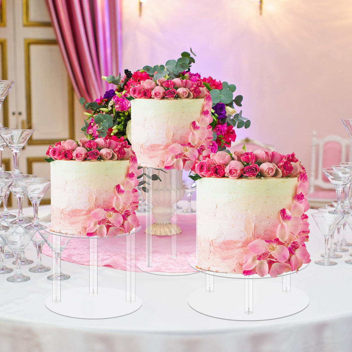 Jusalpha 3 Tier Large Acrylic Glass Round Wedding Cake Stand, Food Display Stand, Cupcake Stand, Dessert Display Platter WCS02 (3 tier with base tier)